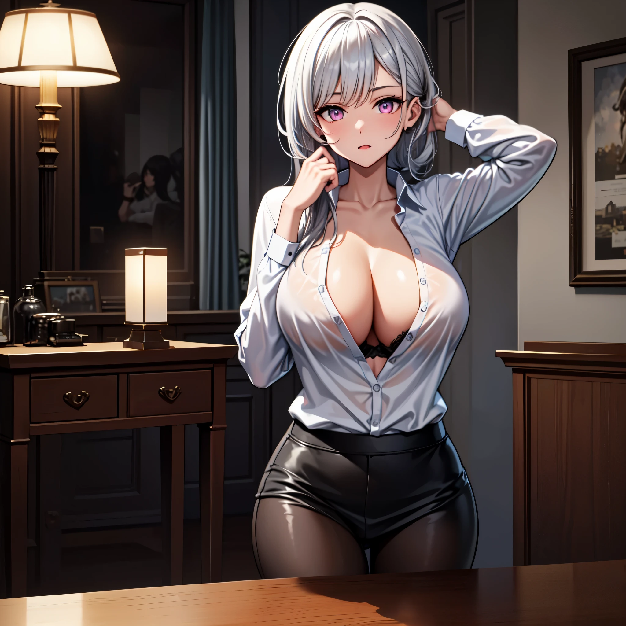 ((1 girl)), solo, ray tracing,(dim lighting),(detailed background (living room)),((silver hair)),((silver hair)),(Fluffy silver hair, plump and slender girl))) with high ponytail))) Avoid golden eyes in the ominous living room ((Girl wears white opaque shirt, black wrinkled skirt, with black transparent pantyhose)), showing a delicate and slender figure and graceful curves, correct limbs, hands behind the head, hands behind the head, Eye details, beautiful eyes, pink eyes, delicate eyes, protruding huge breasts, transparent shirt, see-through shirt, bra peek, V-neck