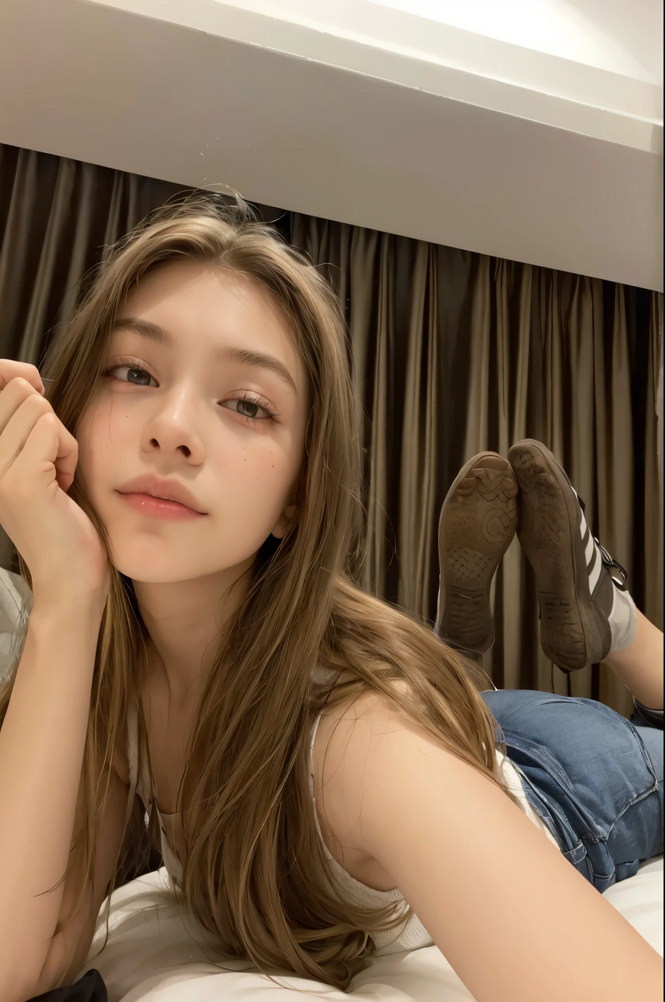 hay una mujer acostada en una cama con los pies en alto, 18 years, 19 year old girl, 16 years old, she is about 16 years old, yelena belova, sentado en la cama, valentina remenar, sentado en una cama, anna nikonova aka newmilky, posando en un dormitorio