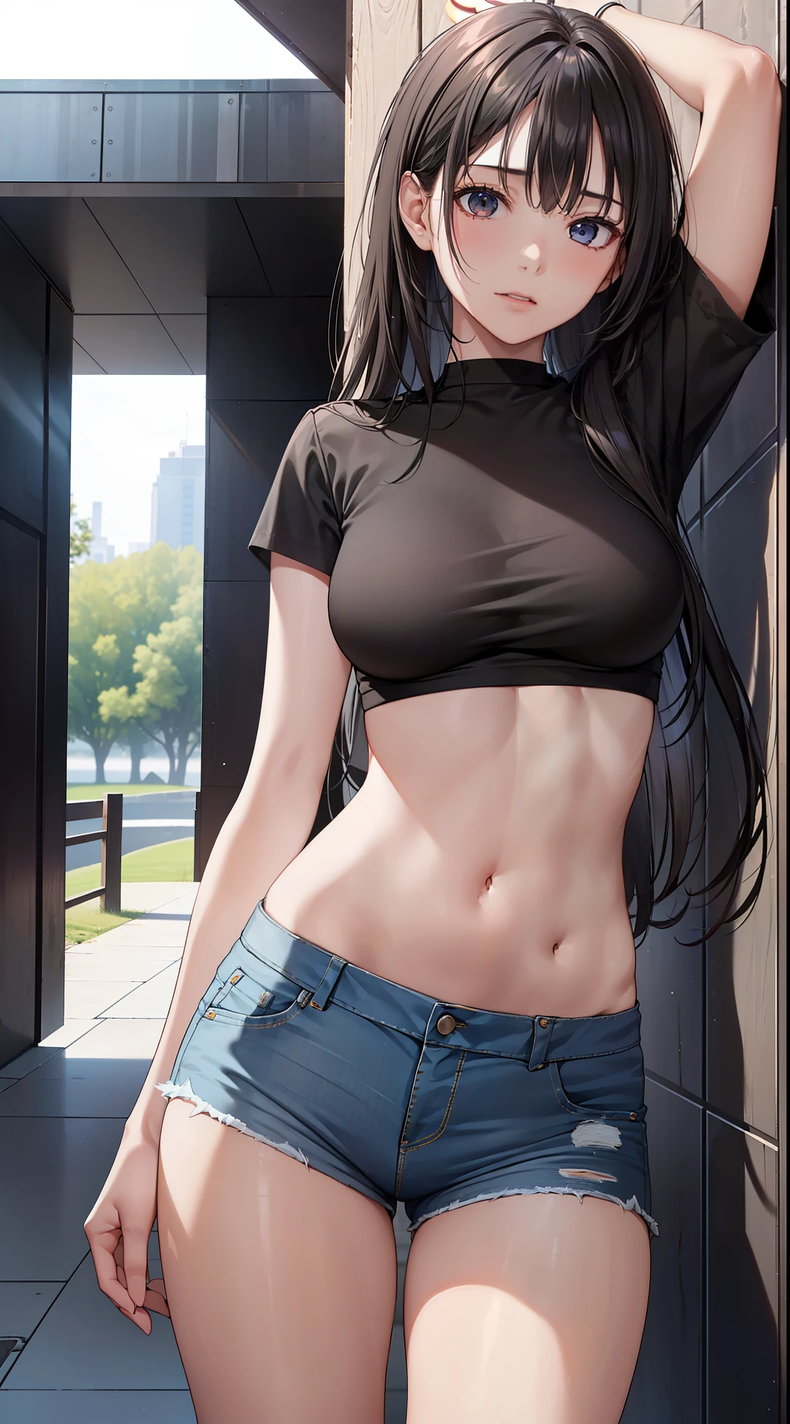 (8k, original photography, best quality,）a girl，************，slim，long black hair，Qi bangs，low rise jeans，Navel-baring short sleeves，（There is an obvious holy vortex on the waist），show her back