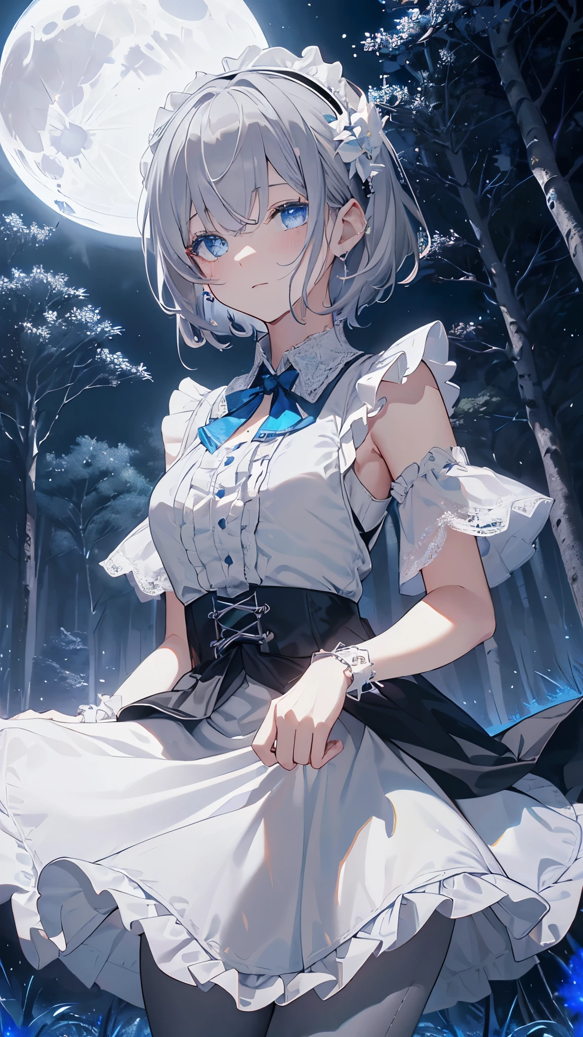 Idol、masterpiece、highest quality、beautiful expression、absurd、nffsw、(cowboy shot、White Ruffle Lace Mini Dress、white collar、white ruffle cuff、particle:1.5)、(bloom、shine:1.4)、(laughter)、(short gray hair、blue eyes:1.7)、sharp focus、Photoreal、High resolution、most detailed、super detailed、detailed face and eyes、sharp pupils、real students、sharp focus、 shiny skin、black corset、(dark forest、moon、dark background:1.5)、rim lighting、dynamic, cinematic lighting、(((lift up the skirt:1.3)))、(((I can see white pants)))、