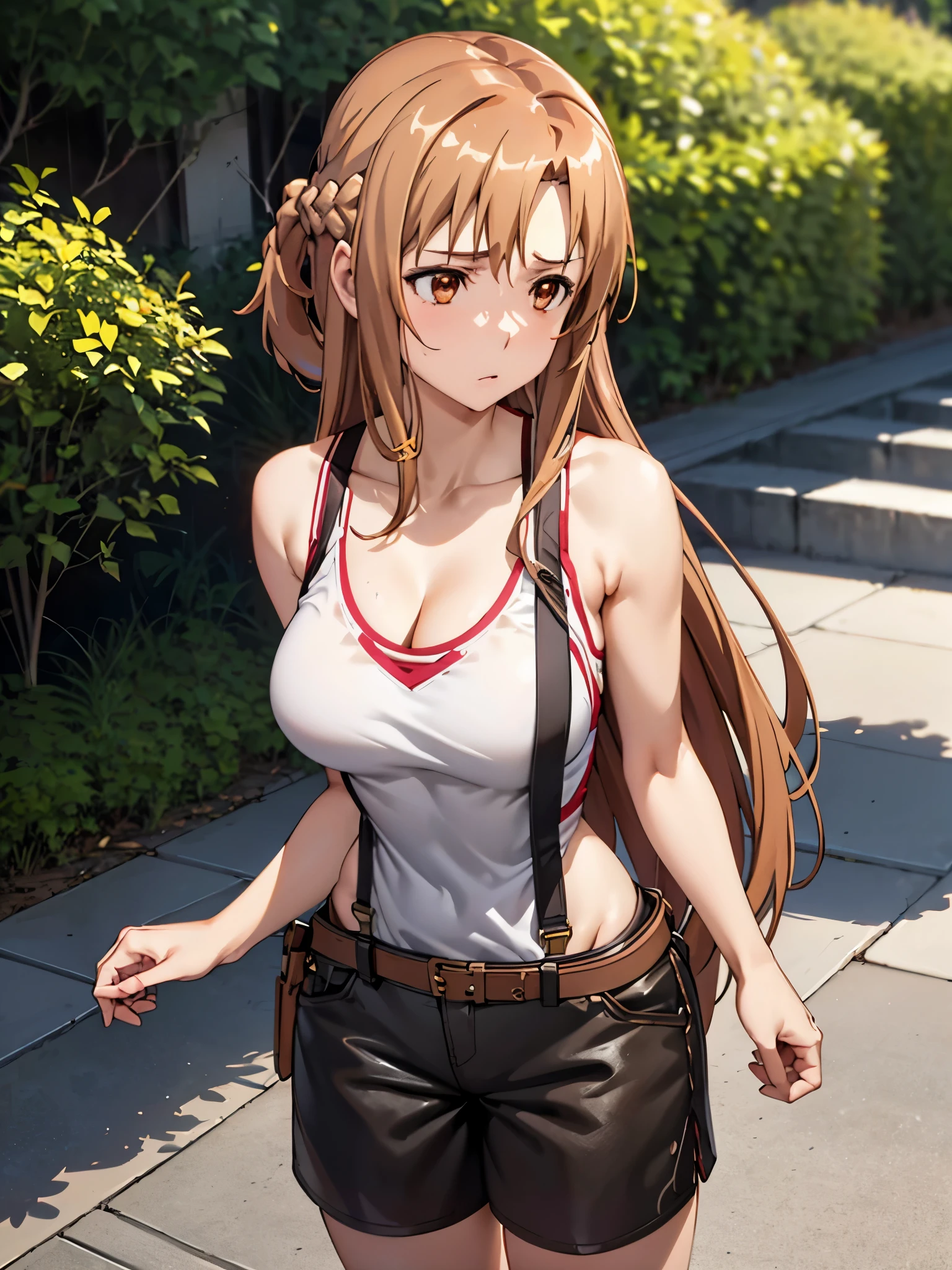 1girl  Yuuki Asuna , Brown hair, Brown eyes, big  breasts, Long hair, braid , white sleeveless top singlet  , tight t shirt ,braid ,no gloss matt black shorts cute  Ultra High Quality looking very shy ,Top View Of Beautiful Girl looking down  form top   showing cleavage