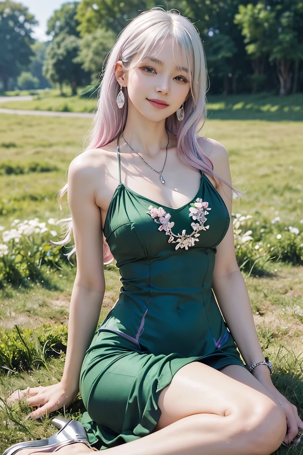 (8K, top-quality, masterpiece:1.2), (reallistic, Photorealsitic:1.37), Super Detail, One girl, (Highly detailed), (beautifully detailed eyes), (of the highest quality), (super detailed), (masterpiece), (Detailed face), 20yr old, 1 girl, (pink hair, long hair), medium breasts, clothed, Perfect Lighting, BREAK (green Tailored fit dress:1.4), (tight and glossy dress:1.4), satin, shiny, thin straps, V-neck, ribbon on waist, (black pumps:1.3), high heels, (silver necklace:1.2), (silver earrings:1.2), BRAKE, (upper body to knee:1.3), (curly pink hair on left side:1.4), (smiling at camera:1.2), (holding dress hem with right hand:1.3), (flower field or castle:1.2), (light blue sky:1.2)
