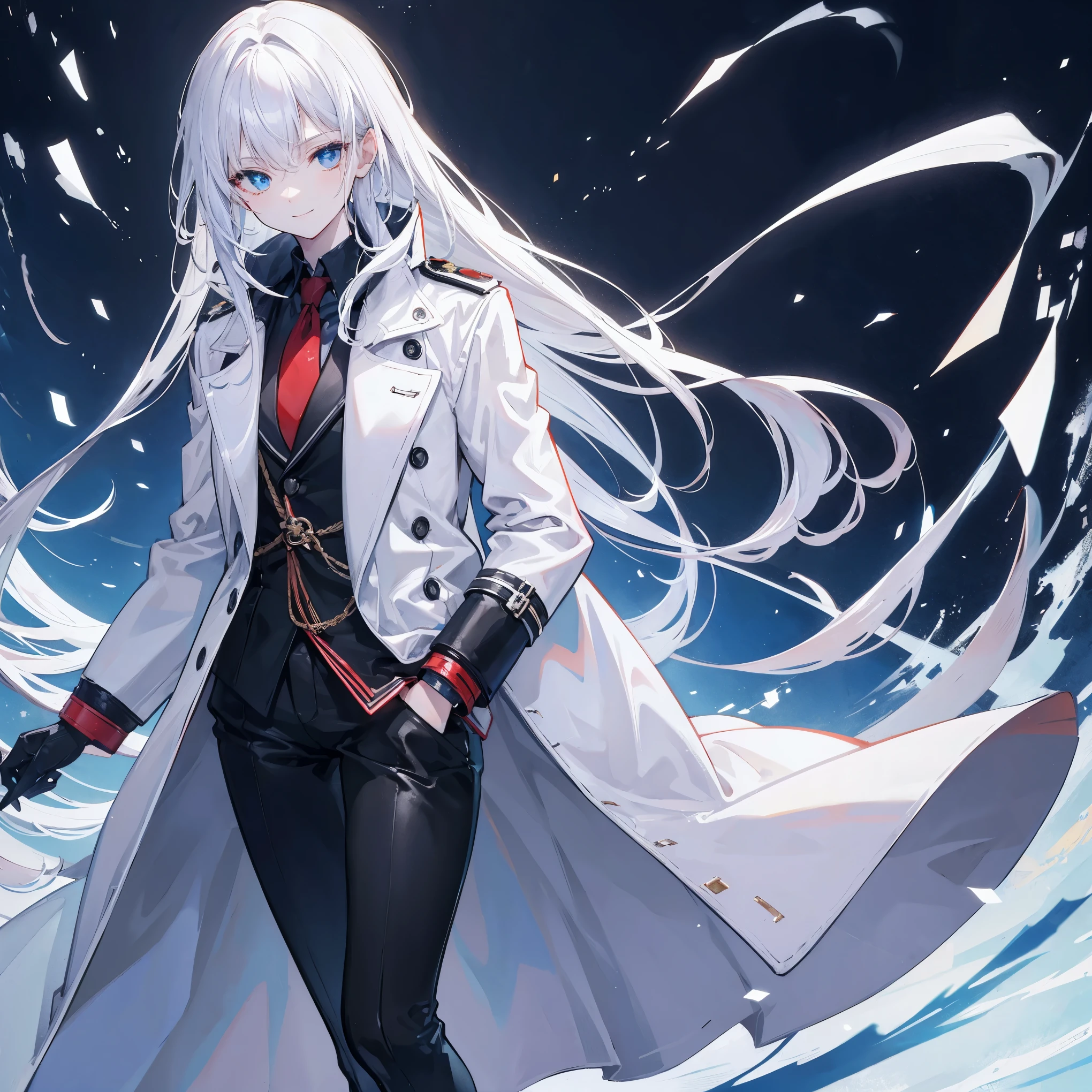 (extremely detailed 8K wallpaper),(ultra-detailed),(best quality),(masterpiece),(highly detailed),(cinematic lighting),(Original),Cold ligh,moody,32K depth of field,anime characters,White hair and blue eyes,((Slim trench coat)),Smile,black stockings,((hands in pockets))