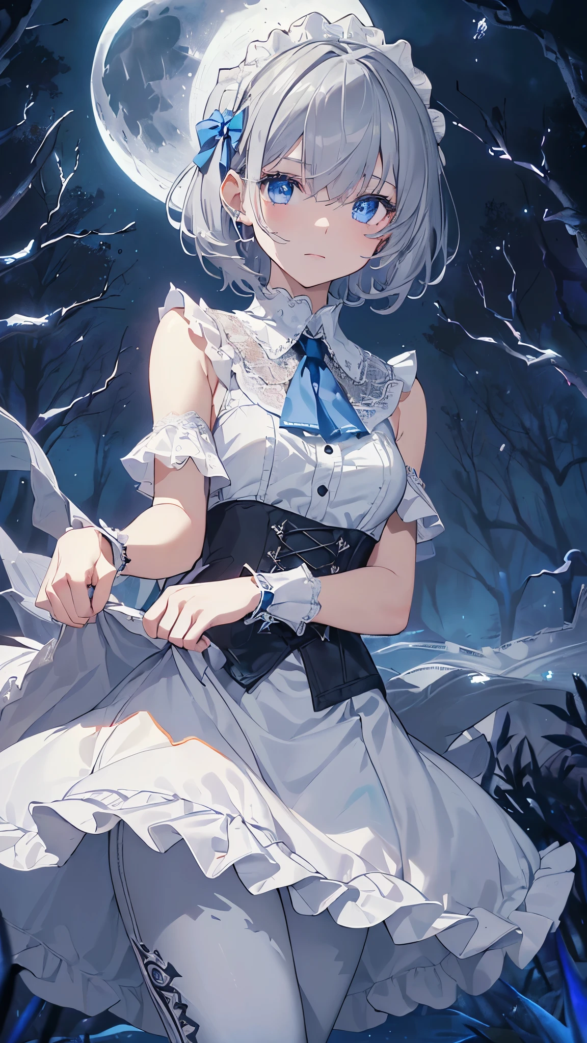 Idol、masterpiece、highest quality、beautiful expression、absurd、nffsw、(cowboy shot、White Ruffle Lace Mini Dress、white collar、white ruffle cuff、particle:1.5)、(bloom、shine:1.4)、(laughter)、(short gray hair、blue eyes:1.7)、sharp focus、Photoreal、High resolution、most detailed、super detailed、detailed face and eyes、sharp pupils、real students、sharp focus、 shiny skin、black corset、(dark forest、moon、dark background:1.5)、rim lighting、dynamic, cinematic lighting、(((lift up the skirt:1.3)))、(((I can see white pants)))、