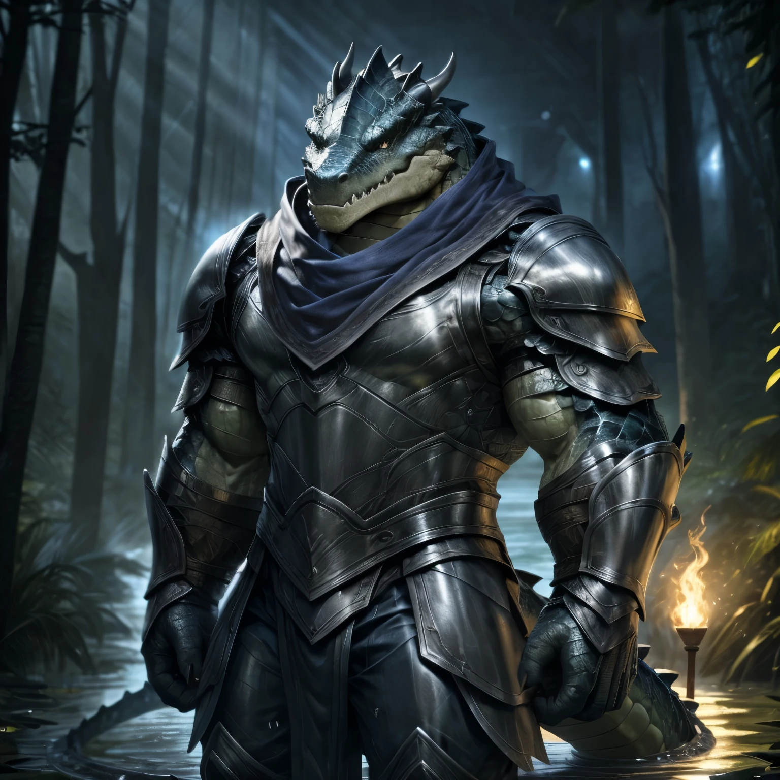 Tall Hyper Muscular Deep BLUE Crocodile wearing Full silver armor in all body, HD, 4K, high resolution, Best quality, perfect colors, perfect shadow, perfect litthing, Alone, Males person, Correct Head Anatomy, Correct Anatomy, (Detailed Realistic scales, epic, tmasterpiece:1.2), (Detailed swamp background), shining Scales, smooth scales, perfect scales, detailed scales, Crocodile wearing a silver full armor, blue pants, Black shirt, Detailed silver armor, perfect pants,Persian scarf, Deep Blue Crocodile, torch lighting, night, Silver armor covering The entire chest, Silver armor arms, Deep blue scales color, hornless, no horns, Big muscle