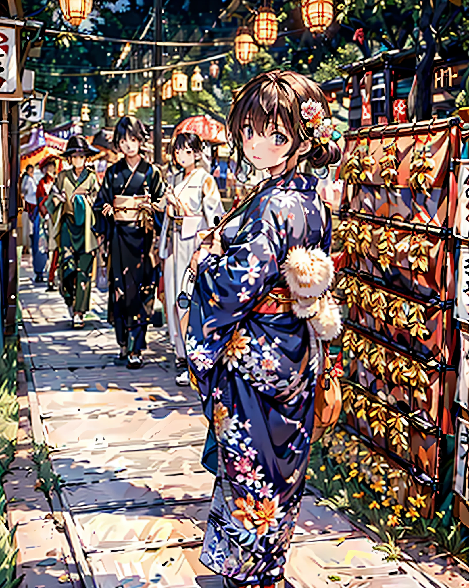 masterpiece, highest quality, Super detailed, shape, OMATSURI, food stand, 1 girl, beautiful eyes, looking at the viewer, from behind, cowboy shot, Please think back, yukata, wood, outdoors,road, walk,  crowd, night, lanthanum, festival, food, paved, 横断歩road, paper lanthanum, street lamppost, brown hair, night sky,