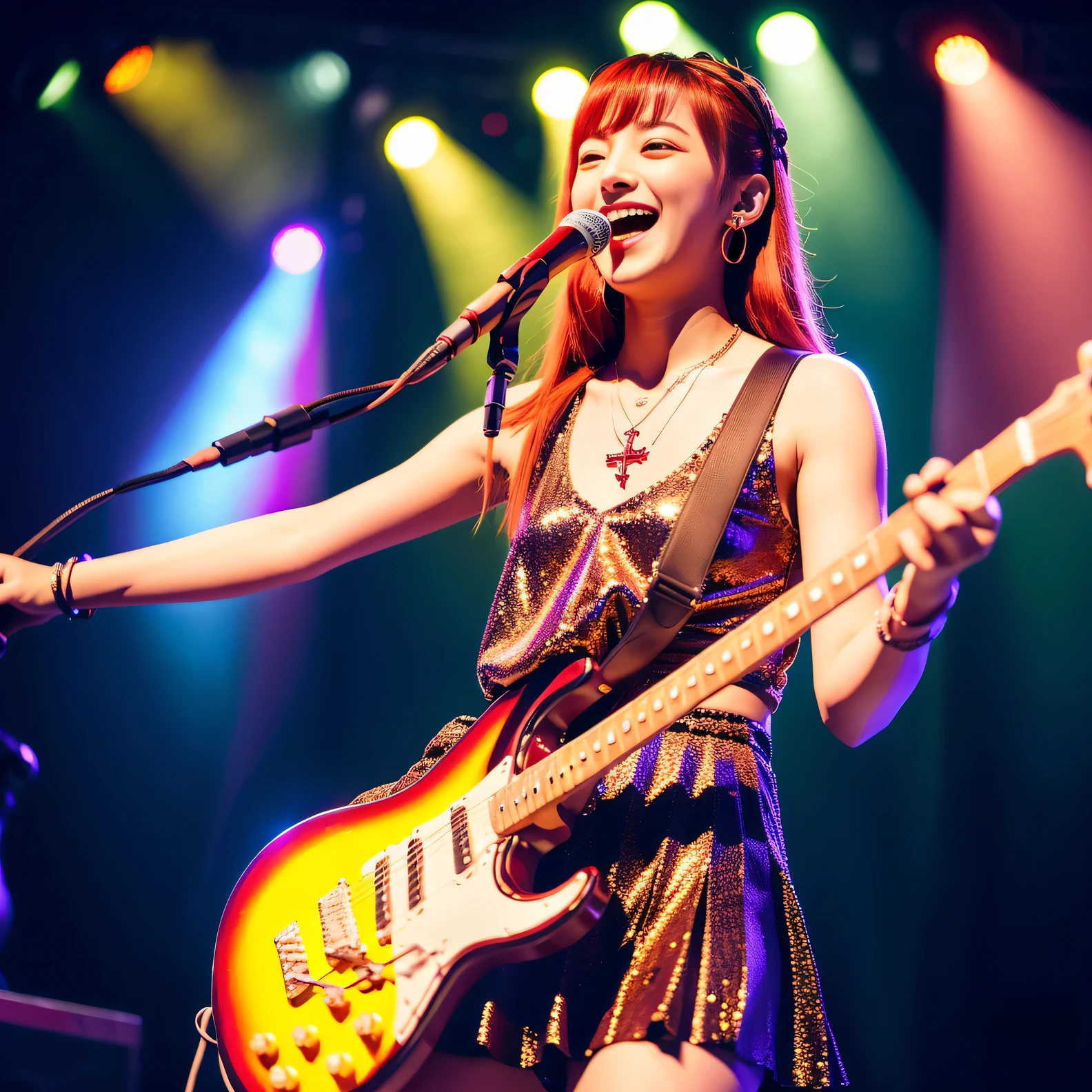 (A masterpiece of the highest quality), Attractive smiling girl playing electric guitar in a dynamic pose on live stage, ultra high resolution (1.6), realistic (1.4), RAW photo,

School idols live scene、passionately strum the strings of an electric guitar、Full body shot of confident attractive girl, Her expressive face illuminated by the mesmerizing glow of colorful live lighting. Her red gradient hair flows down to her shoulders, Asymmetrical bangs frame her look. A cross pendant necklace adorns her neck, Captures the reflection of stage lights to highlight the sparkling earrings.baby metal, 