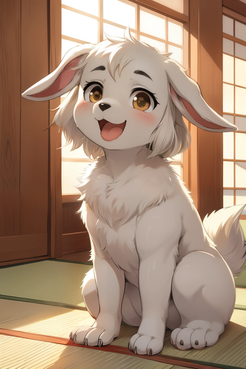 Grey predominantly，bring some white，Only lop ears，big lop-eared dog，cute，Sunlight，Cheerful，Full of hope，Two-dimensional Japanese manga style