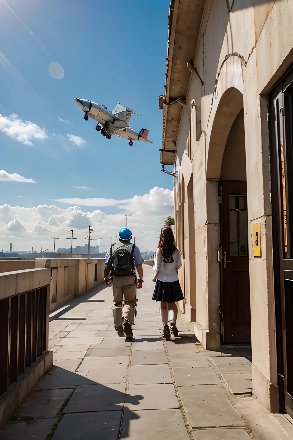 Short brunette girl blue eyes wearing school uniform, subiendo escaleras falda corta, Small, 10 year old girl, hermosa, cuerpo completo, subiendo escaleras para abordar avion, de la mano junto a su madre, 13-year-old female, atractiva, sexy, agachada, en el aeropuerto con aviones