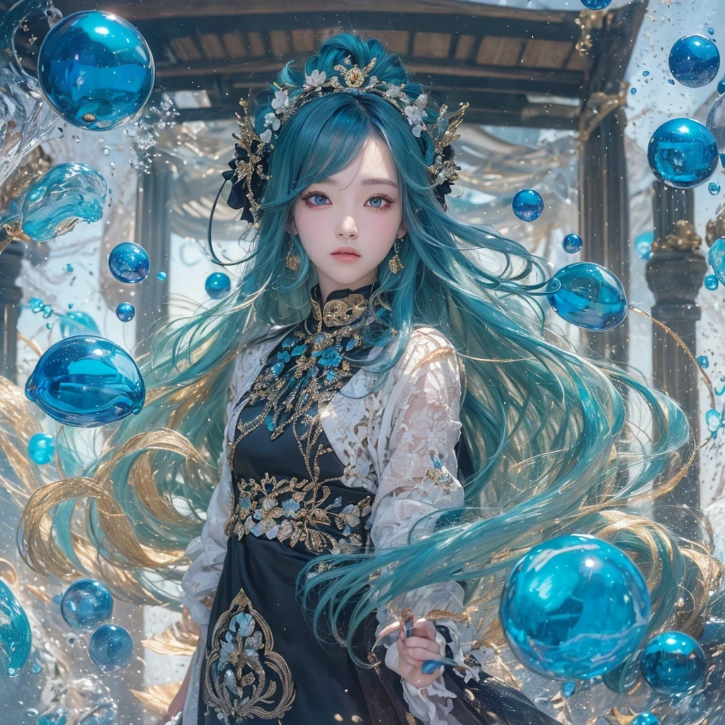 bright black blue,enamel,agate,A flesh-colored world,Blood Blue Maiden 32k(masterpiece,HD,Aoyama Pond,Ultra high quality,32k)long flowing bright blue hair,blood pool,Ziddink, a color,Grumpy (After greeting), (Linen scarf), fighting stance, looking at the ground, long white hair, Floating bright blue, Fire cloud gold headdress, Chinese long-sleeved gold silk burgundy garment, (Abstract metaverse splash:1.2), White background,Peony flower vitality protector(realistically:1.4),bright purple hair,Smoke on the road,The background is very pure, high resolution, detail, RAW photos, Sharp Re, Nikon D850 film photo by Jefferies Lee 4 Kodak Portra 400 camera F1.6 guns, colorful, Ultra-realistic and vivid textures, dramatic lighting, Unreal Engine Art Station Trend, Sinest 800,一个有着long flowing bright blue hair的女孩,huge colorful bubbles