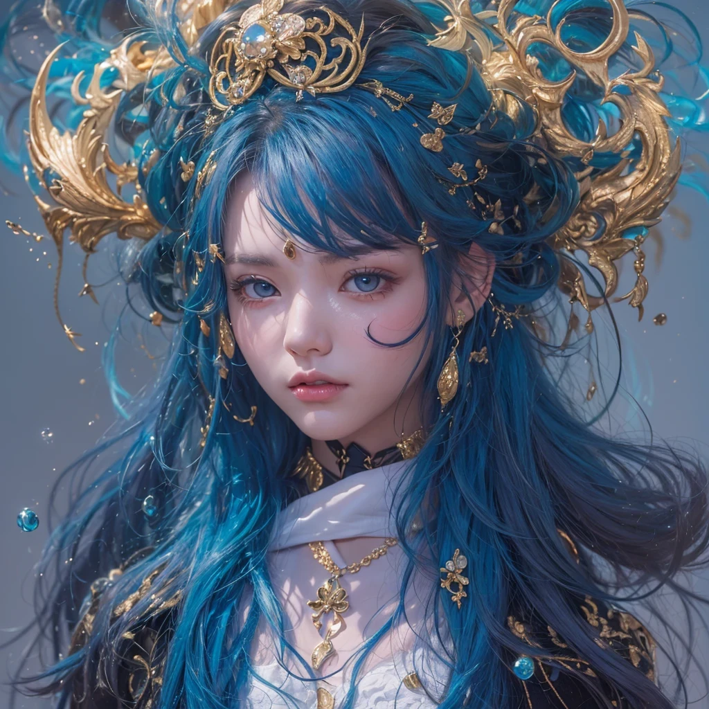 bright black blue,enamel,agate,A flesh-colored world,Blood Blue Maiden 32k(masterpiece,HD,Aoyama Pond,Ultra high quality,32k)long flowing bright blue hair,blood pool,Ziddink, a color,Grumpy (After greeting), (Linen scarf), fighting stance, looking at the ground, long white hair, Floating bright blue, Fire cloud gold headdress, Chinese long-sleeved gold silk burgundy garment, (Abstract metaverse splash:1.2), White background,Peony flower vitality protector(realistically:1.4),bright purple hair,Smoke on the road,The background is very pure, high resolution, detail, RAW photos, Sharp Re, Nikon D850 film photo by Jefferies Lee 4 Kodak Portra 400 camera F1.6 guns, colorful, Ultra-realistic and vivid textures, dramatic lighting, Unreal Engine Art Station Trend, Sinest 800,一个有着long flowing bright blue hair的女孩,huge colorful bubbles