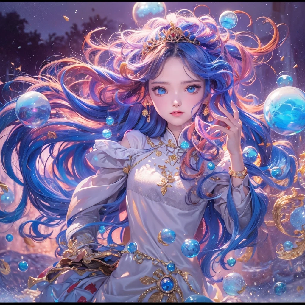 bright black blue,enamel,agate,A flesh-colored world,Blood Blue Maiden 32k(masterpiece,HD,Aoyama Pond,Ultra high quality,32k)long flowing bright blue hair,blood pool,Ziddink, a color,Grumpy (After greeting), (Linen scarf), fighting stance, looking at the ground, long white hair, Floating bright blue, Fire cloud gold headdress, Chinese long-sleeved gold silk burgundy garment, (Abstract metaverse splash:1.2), White background,Peony flower vitality protector(realistically:1.4),bright purple hair,Smoke on the road,The background is very pure, high resolution, detail, RAW photos, Sharp Re, Nikon D850 film photo by Jefferies Lee 4 Kodak Portra 400 camera F1.6 guns, colorful, Ultra-realistic and vivid textures, dramatic lighting, Unreal Engine Art Station Trend, Sinest 800,一个有着long flowing bright blue hair的女孩,huge colorful bubbles
