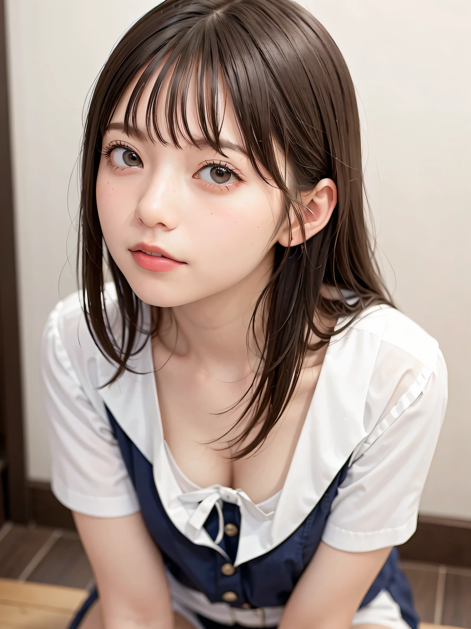 25 years old, best quality, beauty, 1 girl, alone, Chest, looking at the audience, brown hair, belly button, brown eyes, clavicle, 中等Chest, Heart, lips, indoor, spread legs, Stomach, underwear, underwear, camel toe, lace, bow, lifelike, thigh, calf, view from below, foot, ground, Mature, interesting, nurse uniform