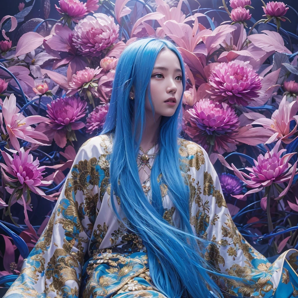 1girl, solo, asian american, magazine photo, detailed beauty, portrait, extremely realistic photograph, mid length hair, blue and pink hair, beautiful makeup, collarbone, detailed gold eyes, octane render, daizky1