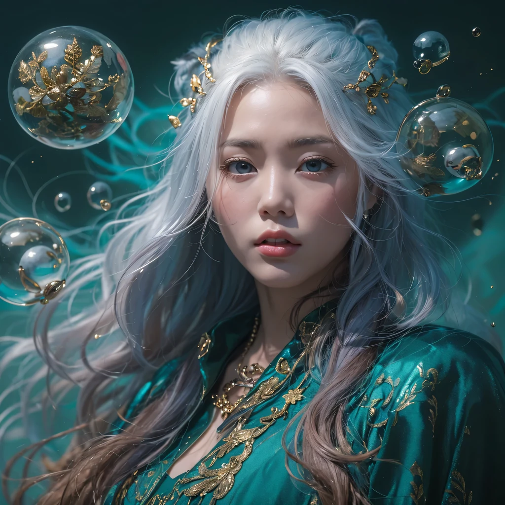 bright black blue,enamel,agate,A flesh-colored world,Blood Blue Maiden 32k(masterpiece,HD,Aoyama Pond,Ultra high quality,32k)long flowing bright blue hair,blood pool,Ziddink, a color,Grumpy (After greeting), (Linen scarf), fighting stance, looking at the ground, long white hair, Floating bright blue, Fire cloud gold headdress, Chinese long-sleeved gold silk burgundy garment, (Abstract metaverse splash:1.2), White background,Peony flower vitality protector(realistically:1.4),bright purple hair,Smoke on the road,The background is very pure, high resolution, detail, RAW photos, Sharp Re, Nikon D850 film photo by Jefferies Lee 4 Kodak Portra 400 camera F1.6 guns, colorful, Ultra-realistic and vivid textures, dramatic lighting, Unreal Engine Art Station Trend, Sinest 800,一个有着long flowing bright blue hair的女孩,huge colorful bubbles