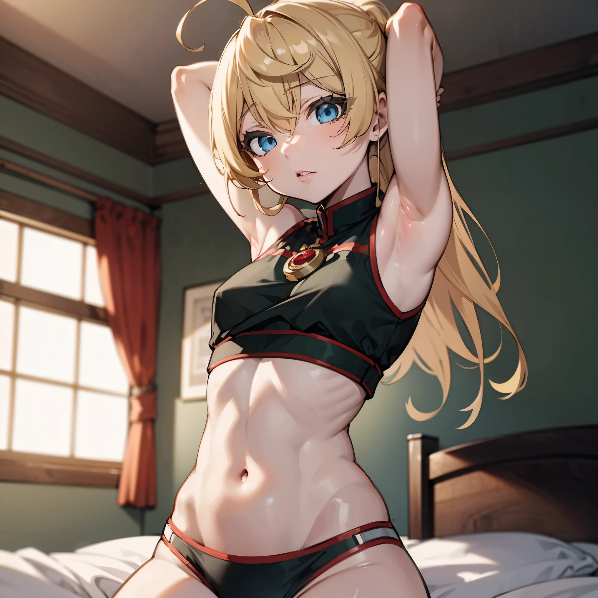 Tanya Degurechaff, crop top, armpit, no pants, Touch her , smooth skin, Bedroom, masterpiece, highest quality, ultra high resolution, maximum resolution, very detailed