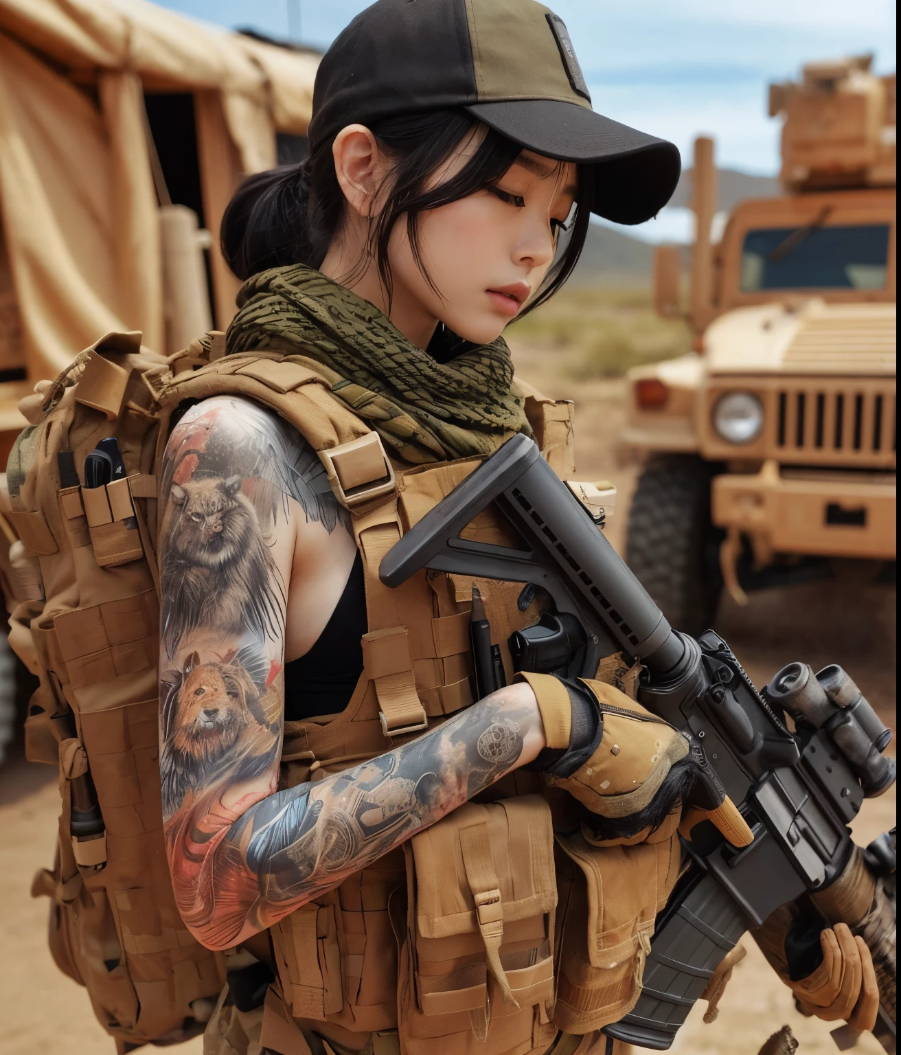 photorealistic、realistic skin texture、automatic rifle