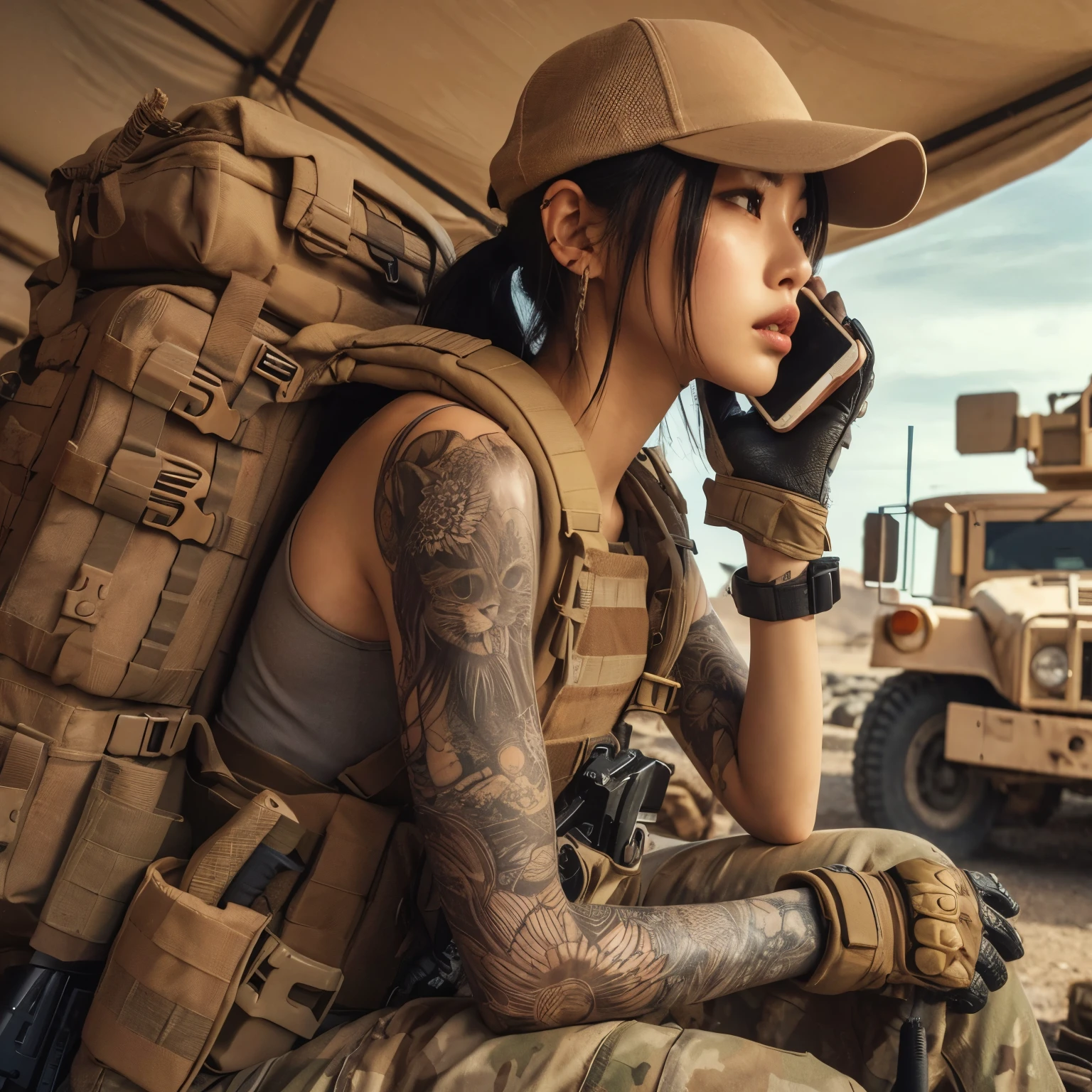 Japanese women in the US military、Holding an automatic rifle and looking nervous、bulletproof vest、Backpack、A detailed depiction of Hulk holding an automatic rifle in a post-apocalyptic setting. The focus should be on the realistic skin texture of Hulk, capturing every nuanced detail. The scene should be gritty, with debris and impurities scattered around. The colors should be vibrant, contrasting against the desolate backdrop. The lighting should be intense, casting dramatic shadows and highlights on Hulk and the surrounding environment. The image should be of the best quality, with high resolution and a photorealistic rendering.