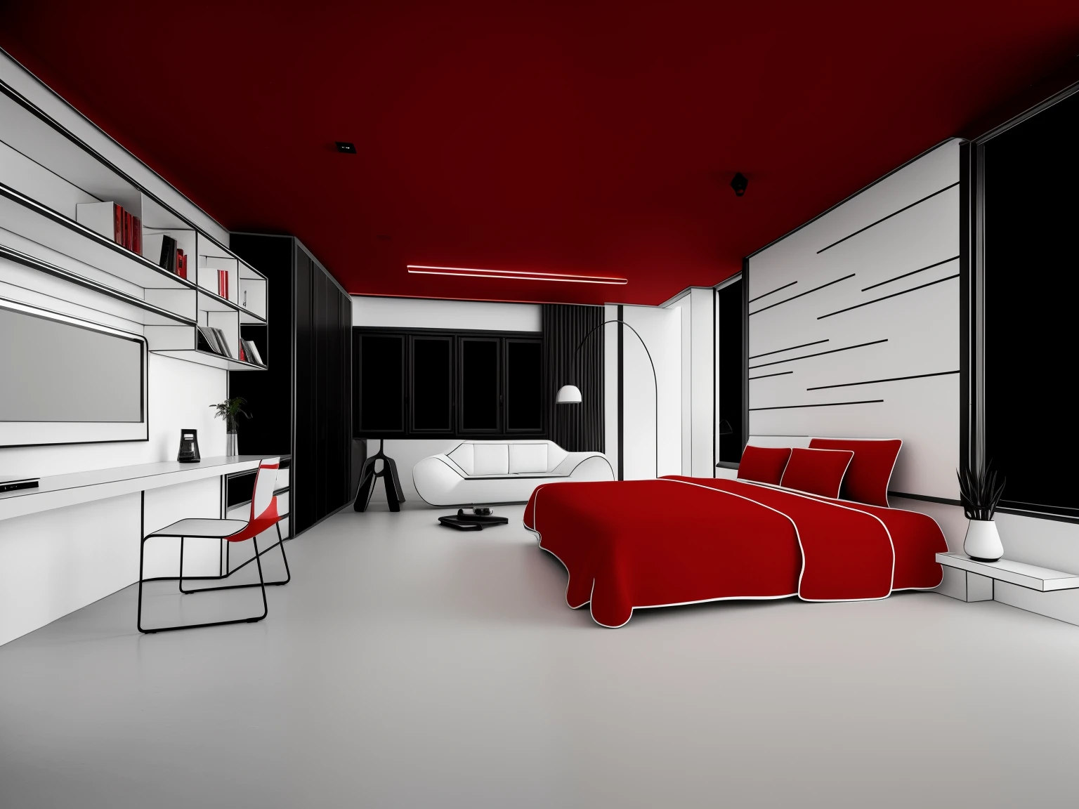the room in black and white, table made by wood, the chair is red