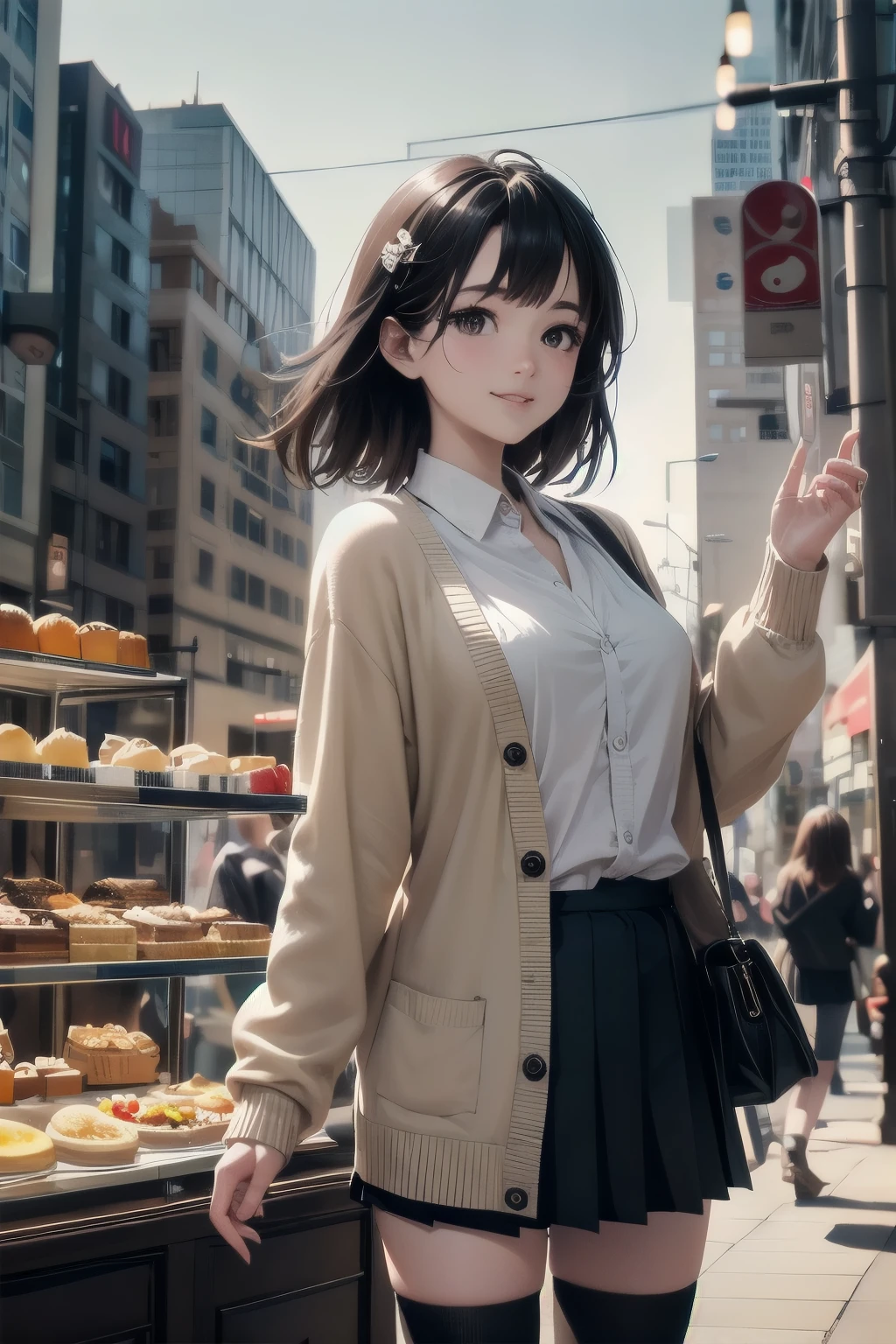 very cute and beautiful girl,(highly detailed beautiful face),(white blouse),
(smile),cowboy shot,looking at viewer,
(beige cardigan:1.2) BREAK zettai ryouiki,brown shoulder bag,brown boots,
dynamic pose,hair ornament,black hair,(pleated black mini skirt:1.2),
standing in front of cake shop show window,downtown street,crowd,people,
(best quality,masterpiece:1.2),absurdres,highres,ultra-detailed,extremely detailed,32k,8k resolution,
intricate details,cinematic scene,detailed background,solo,dynamic angle,
natural lighting,hair fluttering in the wind,beautiful detailed sky,