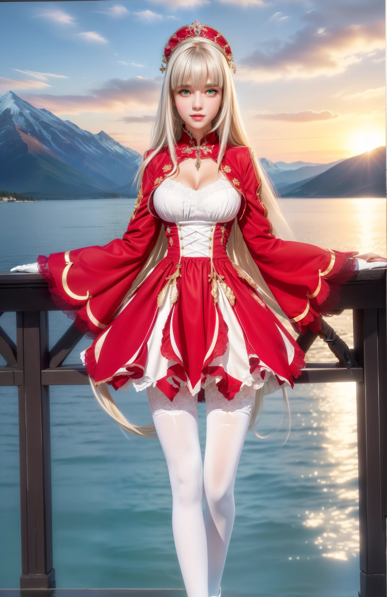 ((masterpiece)),((best quality)),ultra-detailed,illustratio,Explicit,Beautiful body,Beautiful Nose,Beautiful character design,perfect eyes,perfect face,wallpaper,ultra highres,4K,photography,(Beautiful,normal breasts:1.2),(beautiful face:1.2),beautiful legs,perfect legs,shiny skin,1girl,long hair,white hair,green eyes,dress,pantyhose,looking at viewer,blunt bangs,bangs,solo,solo focus,breasts,long sleeves,white pantyhose,standing,gloves,outdoors,castle,mountain,over the sea