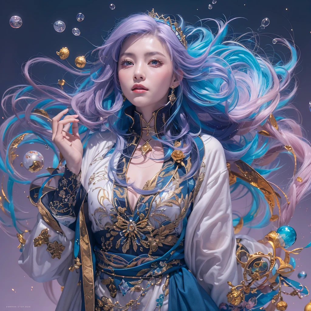 bright black blue，enamel，agate，A flesh-colored world，Blood Blue Maiden 32k（masterpiece，HD，Aoyama Pond，Ultra high quality，32k）long flowing bright blue hair，blood pool，Ziddink， a color，Grumpy （After greeting）， （Linen scarf）， fighting stance， looking at the ground， long white hair， Floating bright blue， Fire cloud gold headdress， Chinese long-sleeved gold silk burgundy garment， （Abstract metaverse splash：1.2）， White background，Peony flower vitality protector（realistically：1.4），bright purple hair，Smoke on the road，The background is very pure， high resolution， detail， RAW photos， Sharp Re， Nikon D850 film photo by Jefferies Lee 4 Kodak Portra 400 camera F1.6 guns, colorful, Ultra-realistic and vivid textures, dramatic lighting, Unreal Engine Art Station Trend, Sinest 800，一个有着long flowing bright blue hair的女孩，huge colorful bubbles