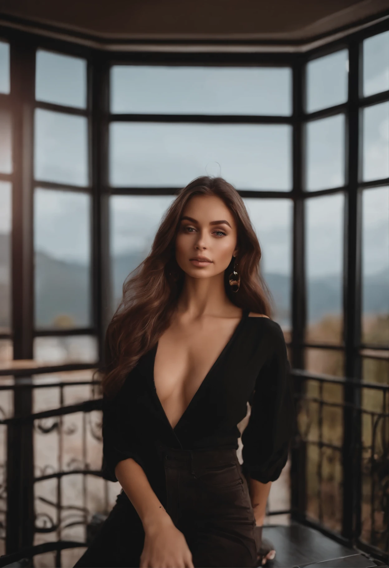 arafed woman with black clothes, sexy girl with brown eyes, portrait sophie mudd, brown hair and large eyes, selfie of a young woman, bedroom eyes, violet myers, without makeup, natural makeup, looking directly at the camera, face with artgram, subtle makeup, stunning full body shot, on a balcony having mountains behind her, cleavage