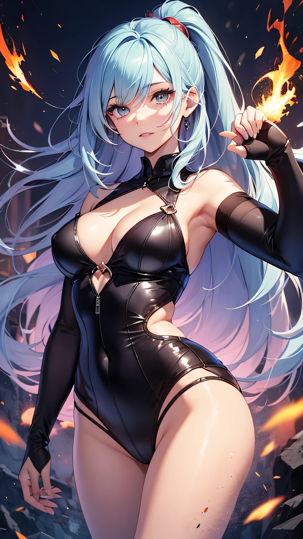 最high quality、best image quality、masterpiece、age girl((20-year-old、 By becoming、vest bust、medium bust,wide open breast tea、shining eyes, light blue hair、long hair、thin,highest valley、ponytail、monster arm、monster leg arm、fighting pose)),high quality、beautiful art、background((spark、up in flames、red lighting))、Flight、debris flies、Depth of written boundary、movie、visual art、perfect art、8k,genuine、