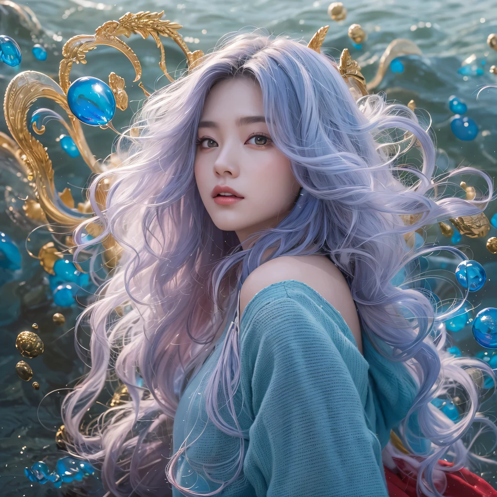 黄 blue colors,enamel,agate,A flesh-colored world,Blood Blue Maiden 32k(masterpiece,HD,Aoyama Pond,Ultra high quality,32k)long flowing bright blue hair,blood pool,Ziddink, a color,Grumpy (After greeting), (Linen scarf), fighting stance, looking at the ground, long white hair, Floating bright blue, Fire cloud gold headdress, Chinese long-sleeved gold silk burgundy garment, (Abstract metaverse splash:1.2), White background,Peony flower vitality protector(realistically:1.4),bright purple hair,Smoke on the road,The background is very pure, high resolution, detail, RAW photos, Sharp Re, Nikon D850 film photo by Jefferies Lee 4 Kodak Portra 400 camera F1.6 guns, colorful, Ultra-realistic and vivid textures, dramatic lighting, Unreal Engine Art Station Trend, Sinest 800,一个有着long flowing bright blue hair的女孩,huge colorful bubbles
