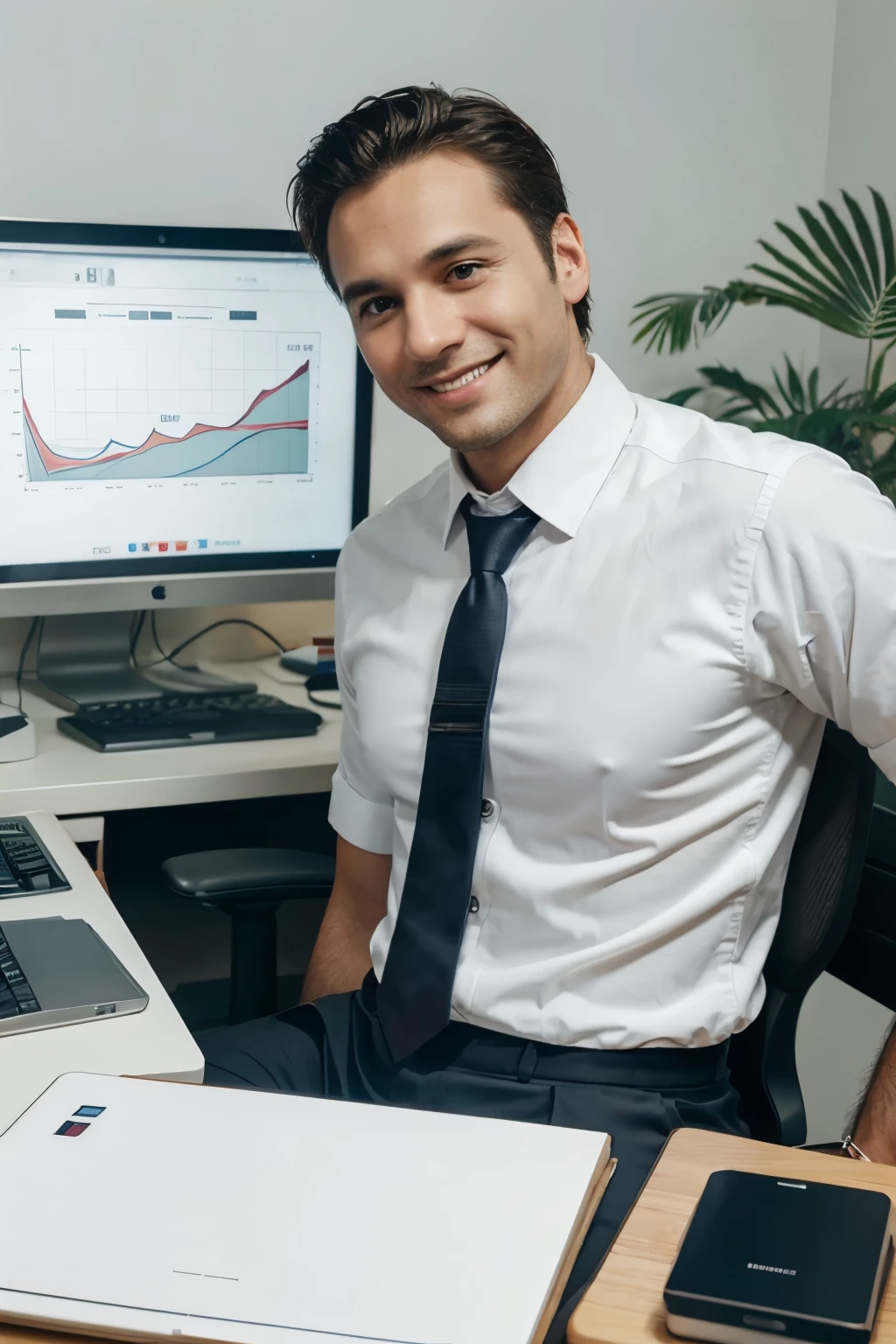 male office worker at the desk looking in the camera smiling, white shirt with tie, white male 30-40 years old, on a monitor charts and graphs dashboard, success lucky