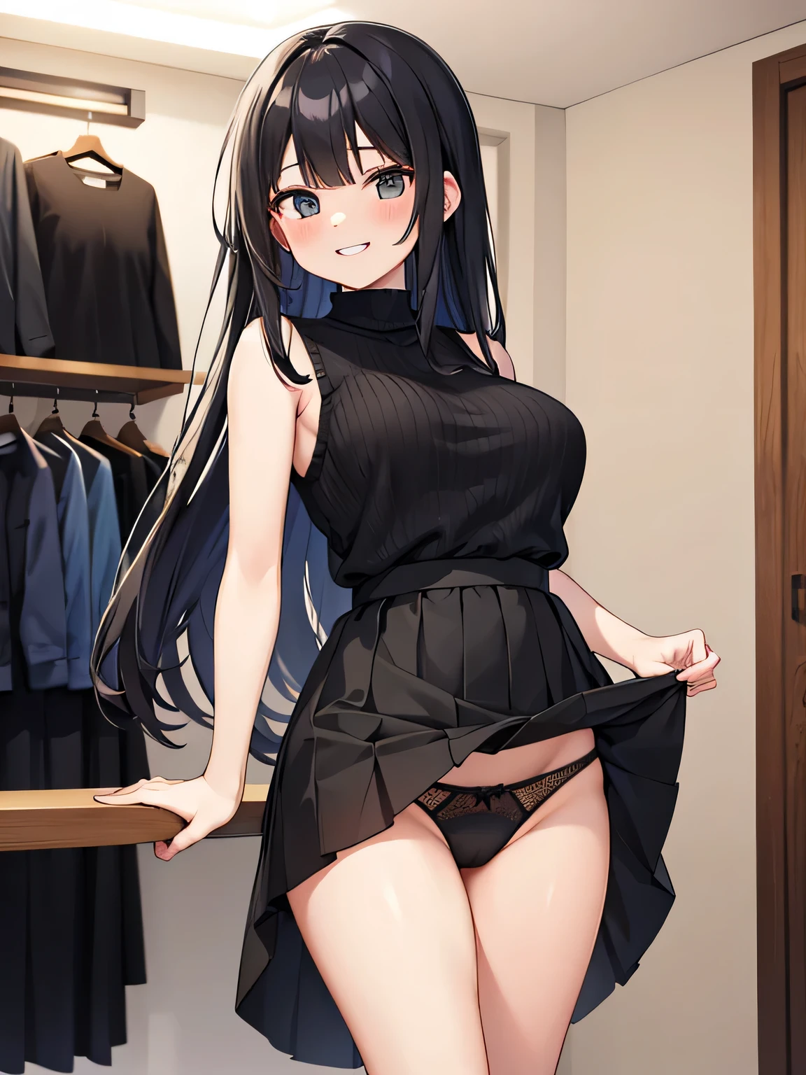 (1) A woman in a lingerie store, Rolls up her skirt and shows her black transparent panties to her boyfriend. It says "Roll up her skirt. Do it!
(2) She is wearing a white sleeveless knit and a black long skirt.
(3) she has long black hair.
(4) she has a provocative personality, a smiling expression on her face.
(5) She is 29 years old and looks mature..