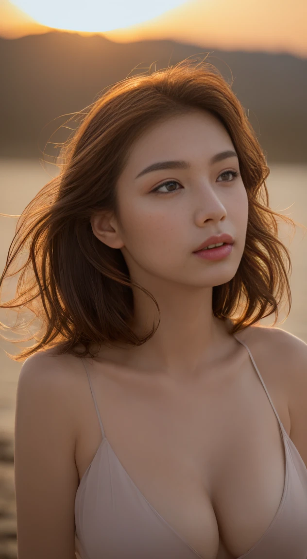 ((Completely )),(( realistic light, highest quality, 8k, masterpiece :1.3)), 1 girl, small mole under the eye, Beautiful woman with slender figure :1.4, abs :1.1, (Floating wavy silk brown hair, hair blowing in the wind, big_chest :1.2), (deep_cleavage),  (chestの汗ばんだ皮膚:1.3), Are standing, Sunset in the mountains, dynamic natural light, super detailed face, fine eyes, double eyelid, shiny skin, not wearing a bra,