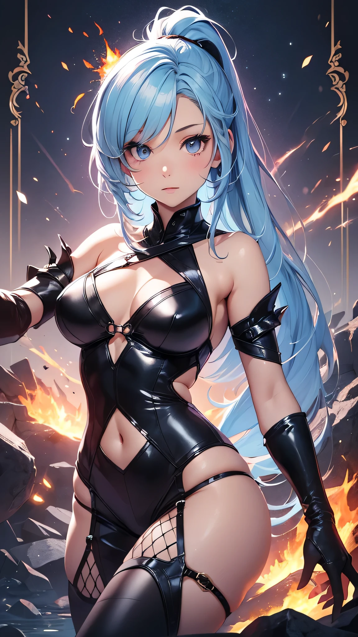 最high quality、best image quality、masterpiece、age girl((20-year-old、 By becoming、vest bust、medium bust,wide open breast tea、shining eyes, light blue hair、long hair、thin,highest valley、ponytail、monster arm、monster leg arm、fighting pose)),high quality、beautiful art、background((spark、up in flames、red lighting))、Flight、debris flies、Depth of written boundary、movie、visual art、perfect art、8k,genuine、