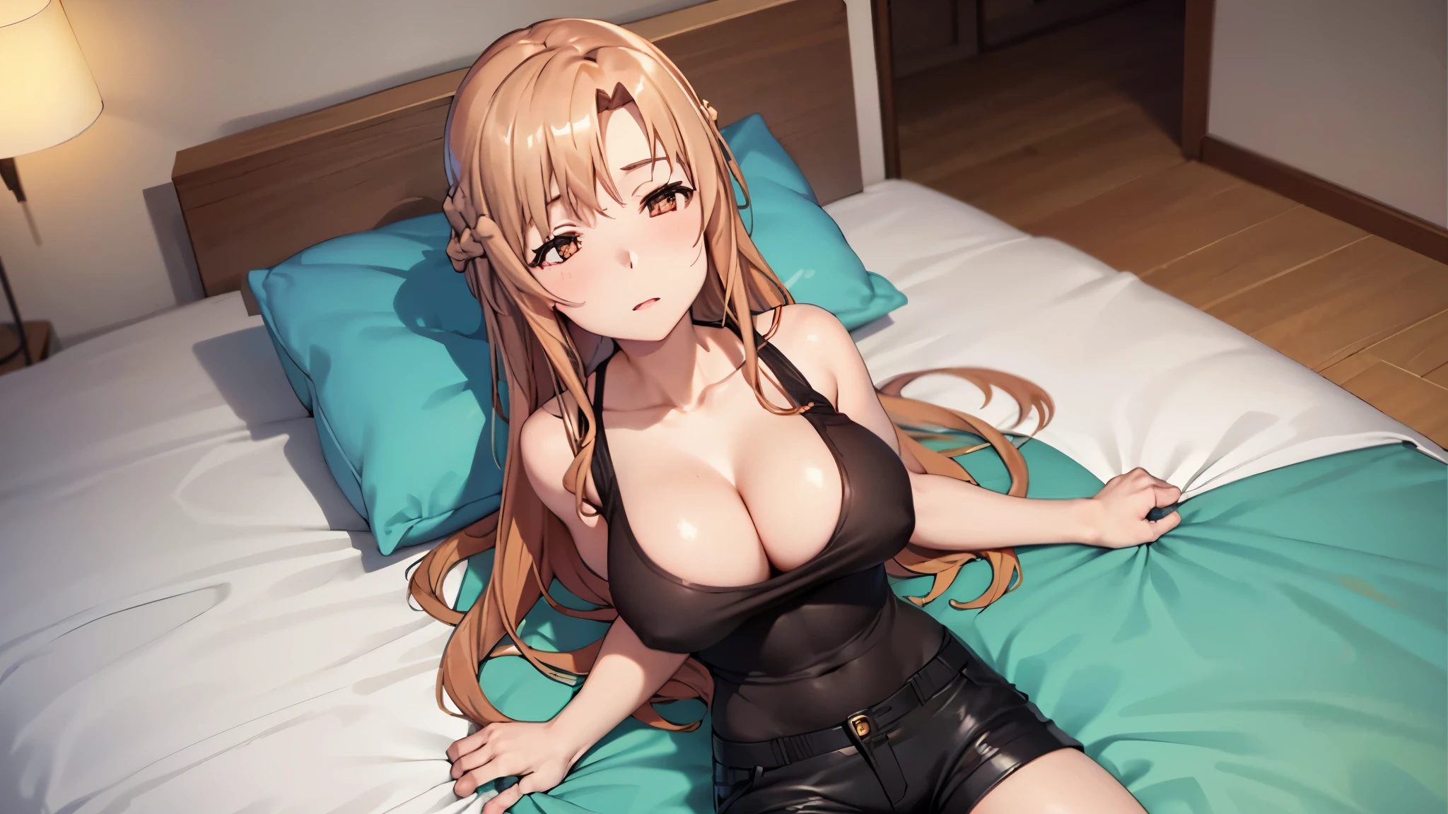 in bed sleeping body hugging pillow sleeping hugging pillow ,tightly 1girl Yuuki Asuna , Brown hair, Brown eyes, big breasts, Long hair, braid , white sleeveless top singlet , tight t shirt ,braid ,no gloss matt black shorts cute Ultra High Quality looking very shy ,Top View Of Beautiful Girl looking down form top showing cleavage girl sheep top singlet porn long hair messy