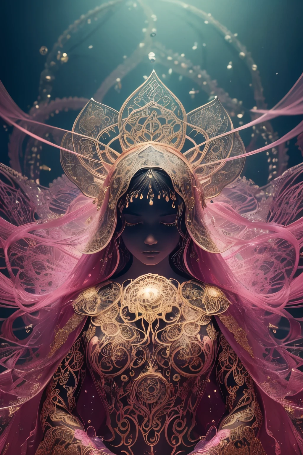 photo RAW, (Black and pink : Portrait of a ghostly jellyfish, shiny aura, highly detailed, gold filigree, intricate motifs, organic tracery, by Android jones, Januz Miralles, Hikari Shimoda, glowing stardust by W. Zelmer, perfect composition, smooth, sharp focus, sparkling particles, lively coral reef background Realistic, realism, hd, 35mm photograph, 8k), masterpiece, award winning photography, natural light, perfect composition, high detail, hyper realistic