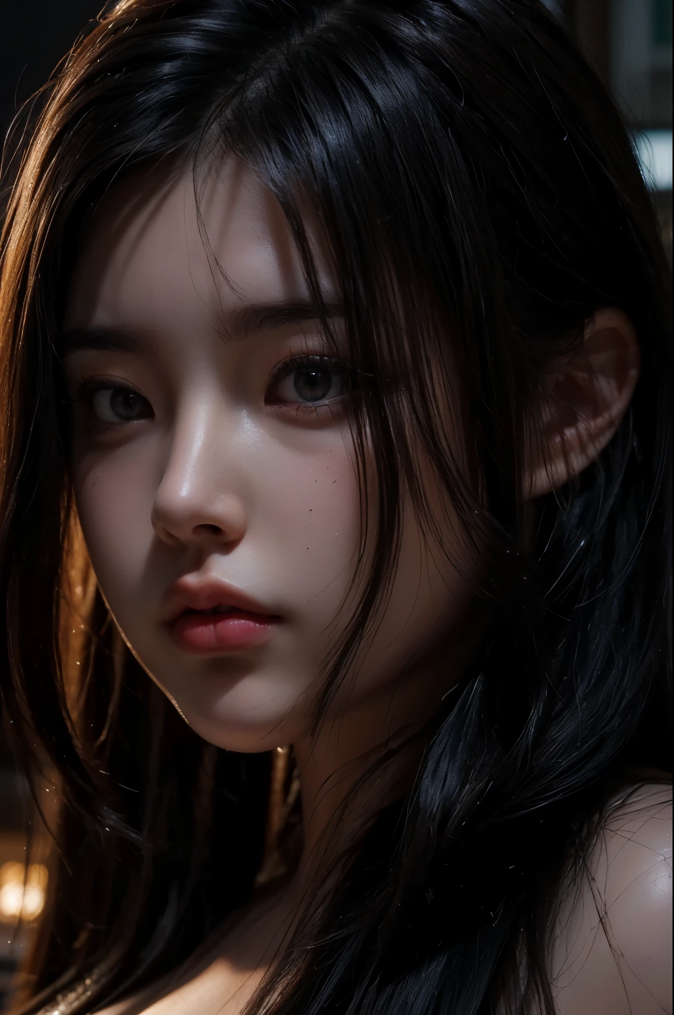 (NSFW), ((full naked:1.5)), (detailed Vagina), (8k, RAW photo, best quality, masterpiece: 1.2), (realistic, photorealistic: 1.37), 1 beautiful Japanese girl, 20 years old, solo, (Idol face:1.2), (beautiful detailed eyes:1.2), (symmetrical eyes:1.35), half open mouth, Realistic human skin, perfect anatomy, voluptuous, curvy body, (perfect medium breasts), big ass, big thick thighs, long full-wavy hair, (looking at viewer:1.2), front view, face focus, (depth_of_field:1.5), natural light, photon mapping, moody lighting, Cinematic Lighting, lens flare, available light, rim light, studio lighting, (hands behind back), beautiful cozy bedroom with floor to ceiling glass windows overlooking a cyberpunk city at night, thunderstorm outside with torrential rain, dark, gloomy, moody aesthetic, (Close Up:1.6),