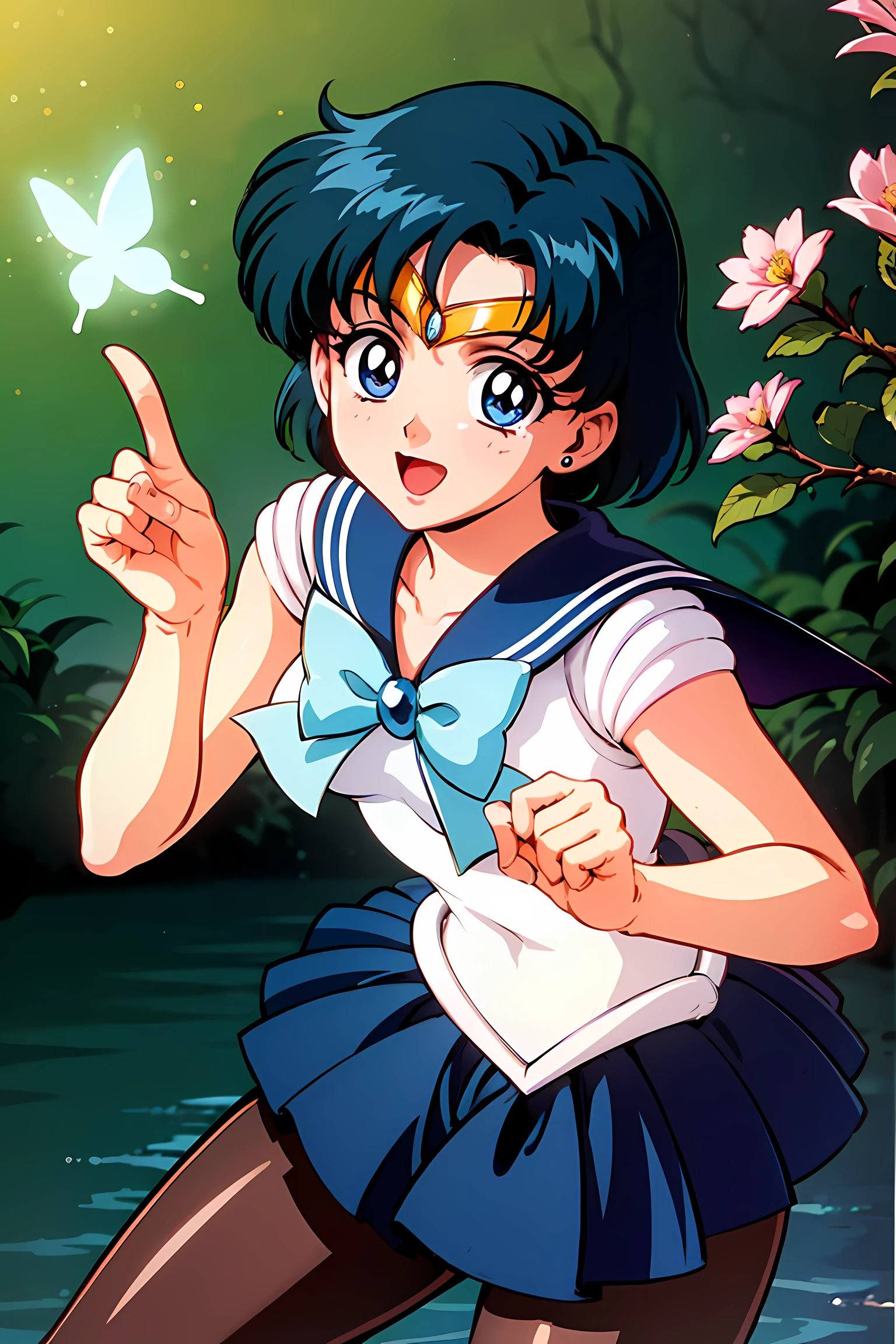 (highest quality:1.3), (masterpiece:1.4),(anatomically correct), (all limbs),(Refers to the whole),(precise fingertips), (small details),(8k),(About Photoreal:1.37),sailor moon!!!!!!!!, sailor moon Style,by sailor moon, sailor warrior uniform,(sailor mercury:1.25),aqua eye, dark green hair,(fighting pose:1.25),((magical dark forest :1.2)),at dusk, moon, ((Recommended for scenes with strong dark shadows:1.2)), golden flower ,((glowing butterfly )), beautiful magical style, golden water reflection,intense, concept art, digital painting,