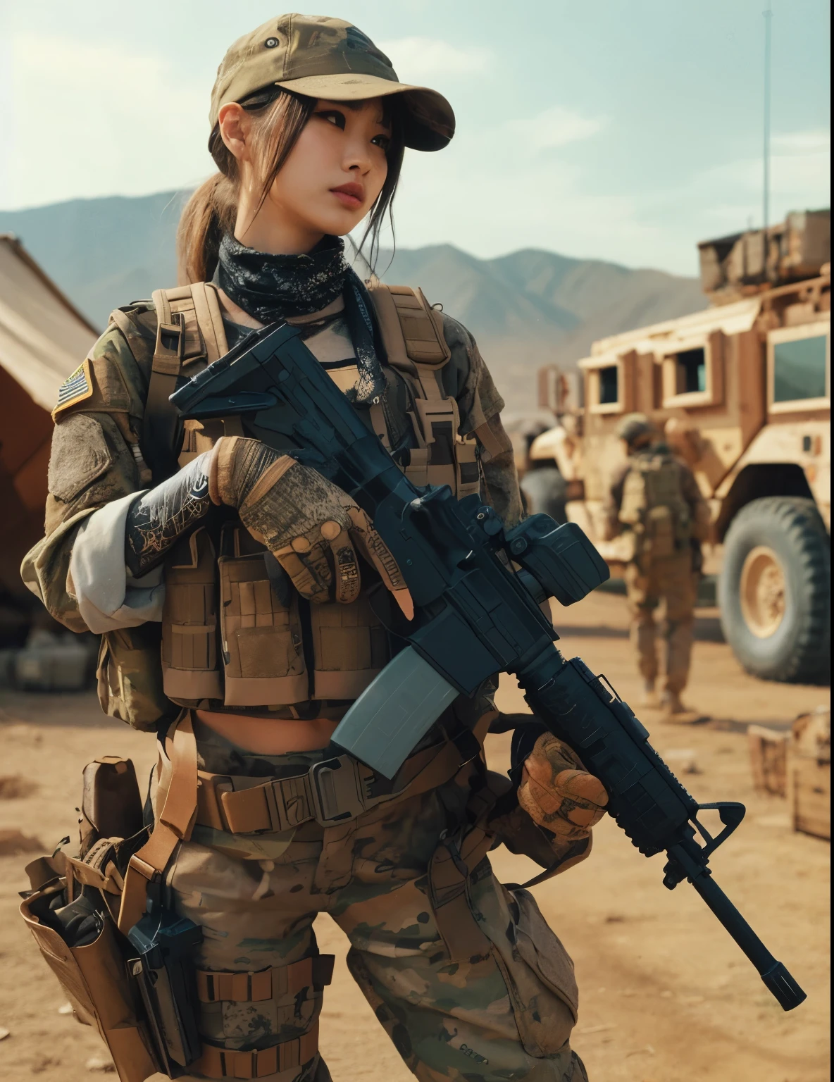 Japanese women in the US military、Holding an automatic rifle and looking nervous、bulletproof vest、Backpack、A detailed depiction of Hulk holding an automatic rifle in a post-apocalyptic setting. The focus should be on the realistic skin texture of Hulk, capturing every nuanced detail. The scene should be gritty, with debris and impurities scattered around. The colors should be vibrant, contrasting against the desolate backdrop. The lighting should be intense, casting dramatic shadows and highlights on Hulk and the surrounding environment. The image should be of the best quality, with high resolution and a photorealistic rendering.