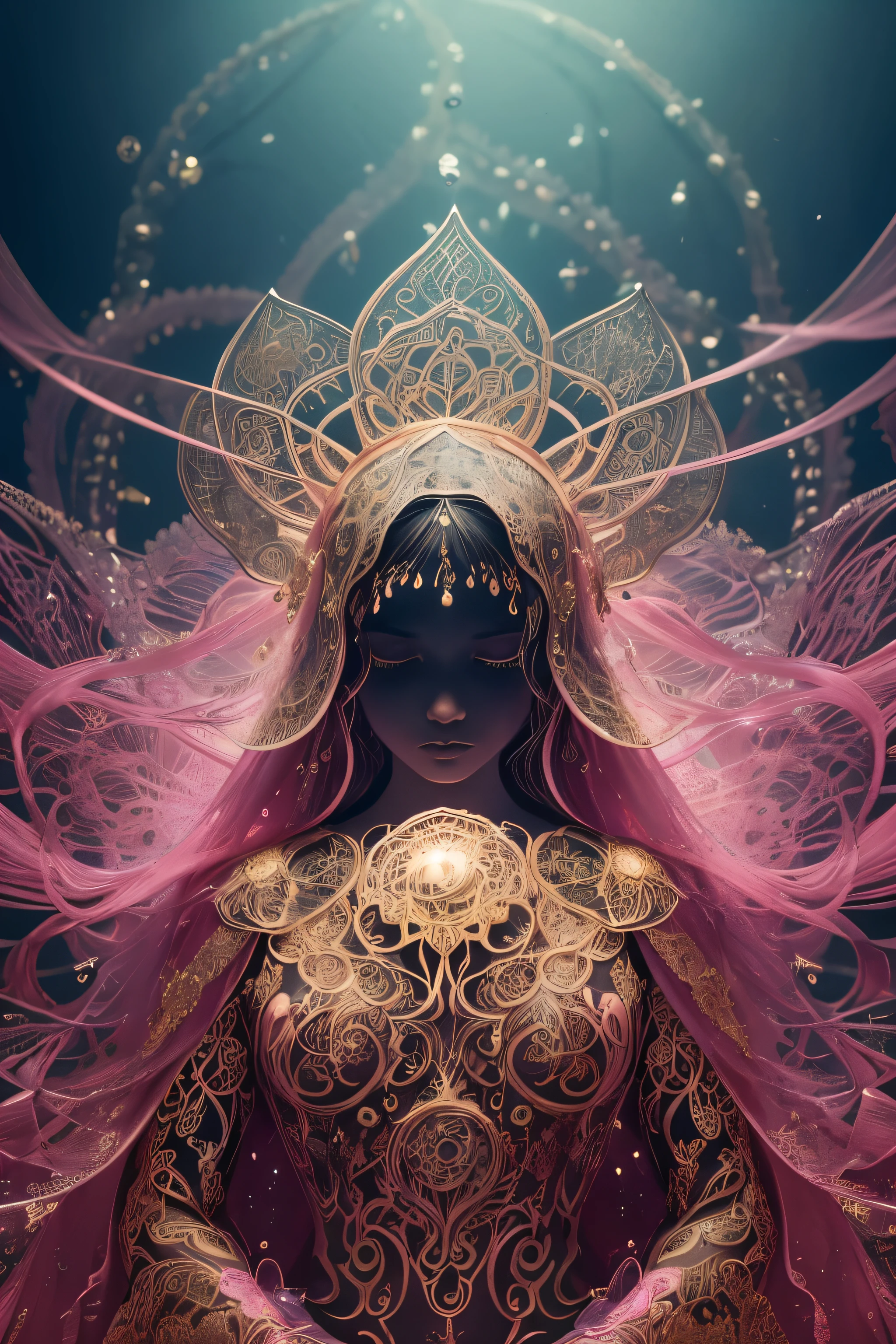 Foto CRU, (preto e rosa : Portrait of a ghostly jellyfish, aura brilhante, altamente detalhado, filigrana de ouro, motivos intrincados, organic tracery, por Android Jones, Januz Miralles, Hikari Shimoda, poeira estelar brilhante por W. Zelmer, perfect composition, suave, sharp focus, Shiny particles, fundo de recife de coral animado realista, realismo, High definition, Fotografia 35mm, 8K), obra de arte, fotografia premiada, luz natural, perfect composition, Alto detalhe, hiper-realista