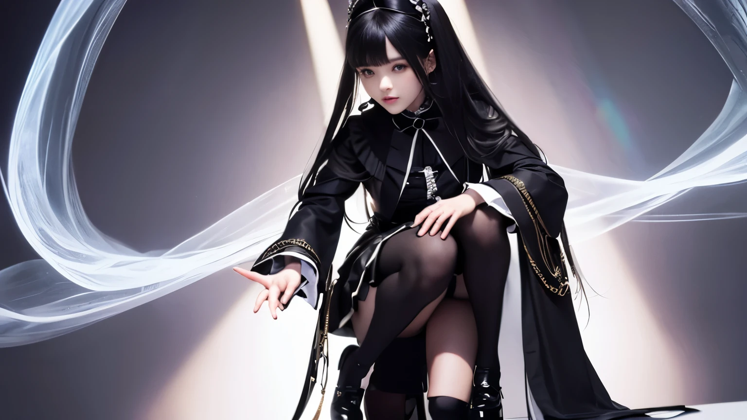 super beautiful photos，realistic，super detailed，detailed beautiful face and eyes，retina, table top, Accurate, anatomically correct,Alafe in black and white coat and black dress, ビクトリア朝のゴシックlolita fashion, loose coat collar sailor suit, lolita style, lolita fashion, ((wearing a noble&#39;s robes)), victorian style clothing, black gothic lolita dress, dark style, black rococo, gothic coat, wearing a flashy black jacket, Victorian aristocracy,ultimate beautiful girl，Beautiful blue eyes that shine，princess hair,((smooth hair，fine hair，very thin hair)),(knee length skirt:1.7),1 girl,((,thin legs,thin thighs)),slim body shape,highly detailed eyes and face、beautiful and fine eyes,cool color makeup,According to II，Lens flare，sharpen，cinematic shadow,