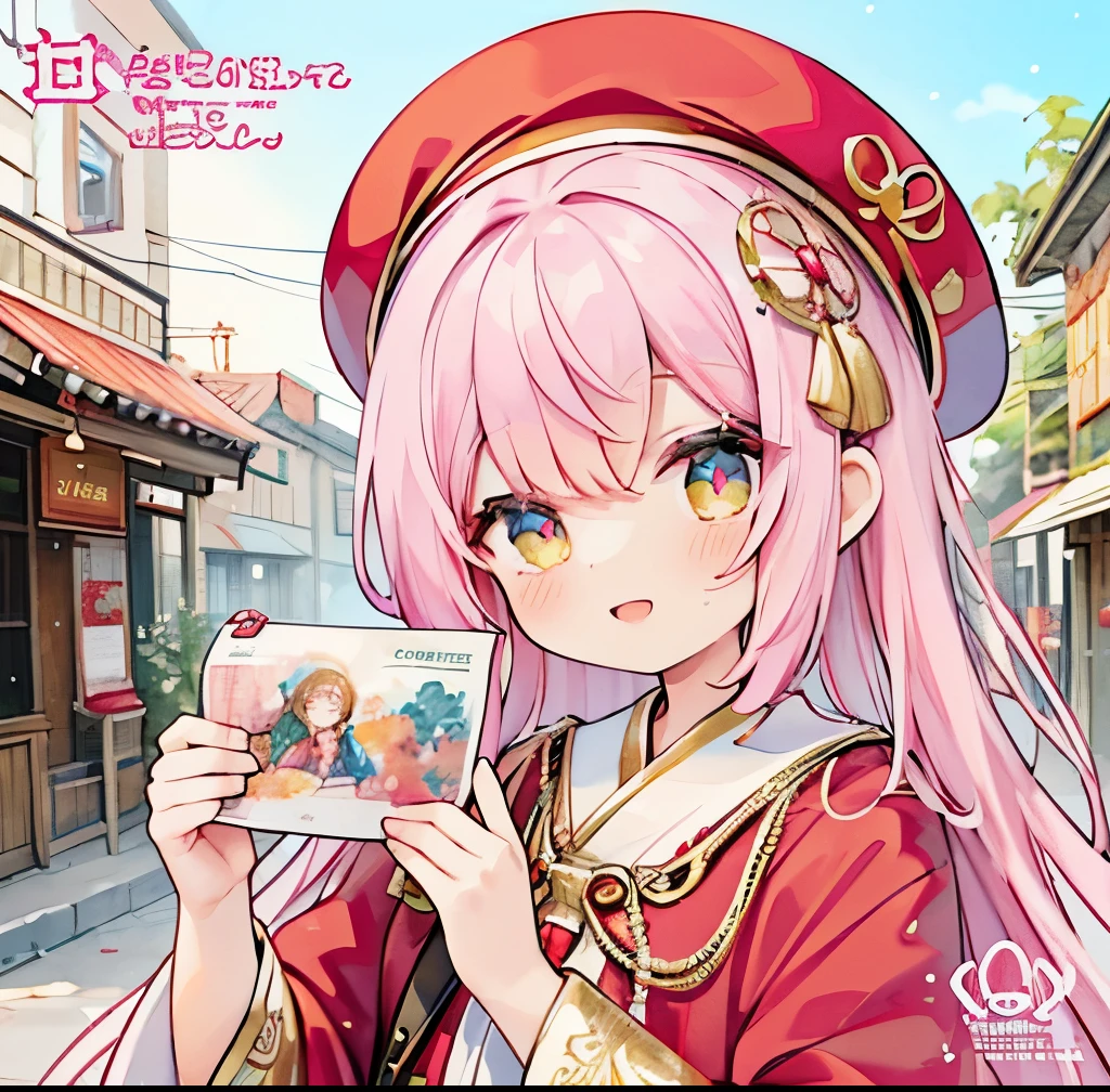 Beautiful watercolor painting、newspaperman、hold the camera、look into the camera、red and pink motif、game character、fantasy design、Magic stone、Sparkling、best smile、Depth of the bounds written、In town、red beret、White lace ornament、gold decoration clothes、game character衣装、great design