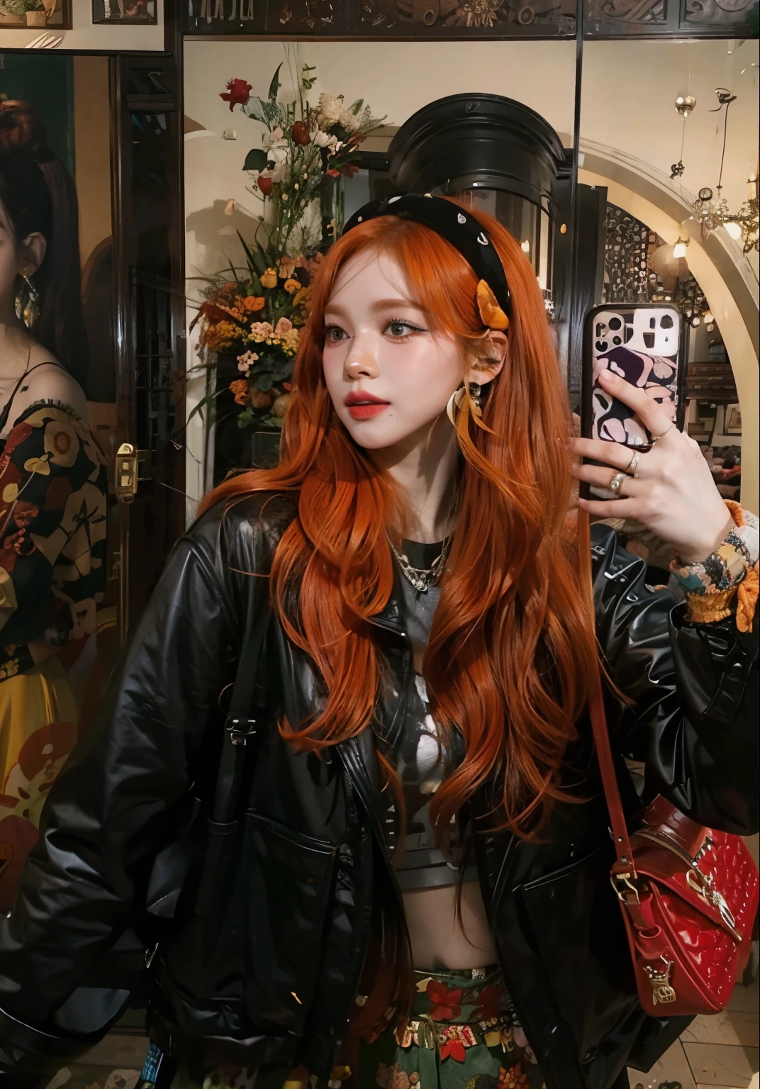 arafed woman with red hair taking a selfie in front of a painting, she has long redorange hair, jossi of blackpink, with long red hair, she has long orange brown hair, lalisa manoban of blackpink, the hime cut, long orange hair, roseanne park of blackpink, long wavy orange hair, portrait of jossi of blackpink