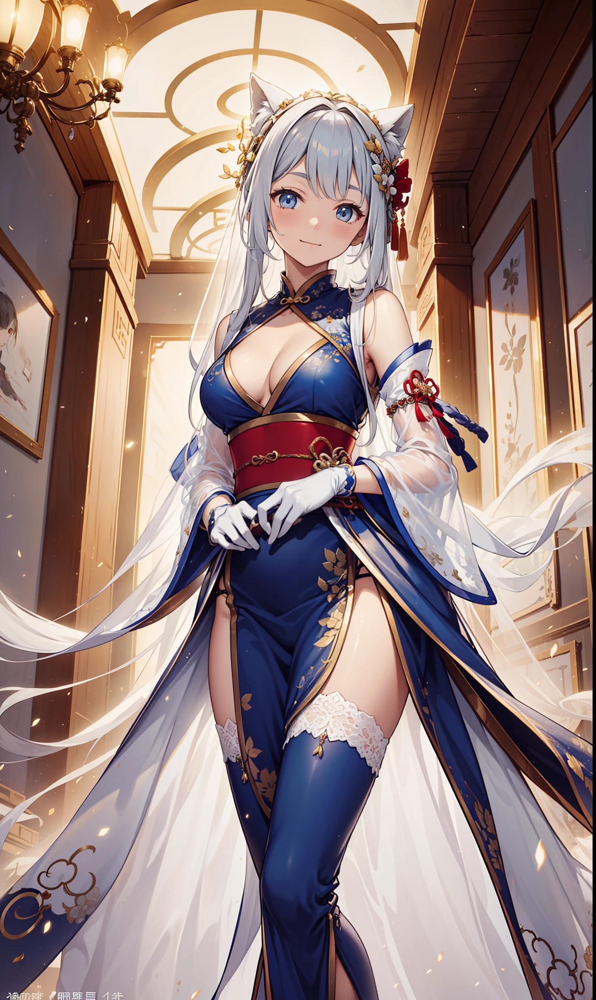 Virgin,Elegant and charming,hapiness,gentle expression,in love,(Transparent colorful Hanfu,Sophisticated and gorgeous design),black gloves,silver hair,blue eyes,see through transparent clothes,Exquisite hair accessories,Transparent lace,Engraving pattern,dress nicely,The background is an old Chinese palace,Inside the hall,elegant posture,night,(long garters:1.1),Super super details,repair finger
