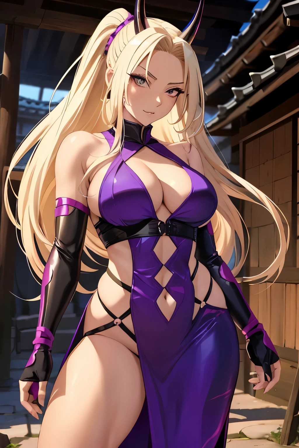 In the heart of the ancient ninja village, there lies a captivating figure named Ino Yamanaka. With her radiant blonde hair cascading down her shoulders, and a seductive purple costume accentuating her curvaceous physique, she exudes an irresistible allure. Her horny nature is further emphasized by the mischievous glint in her eyes, adding to her intriguing persona. No matter where she goes, her long white hair flowing behind her, and the distinctive horn on her forehead marking her as a ninja, Ino is sure to turn heads and leave an unforgettable impression.