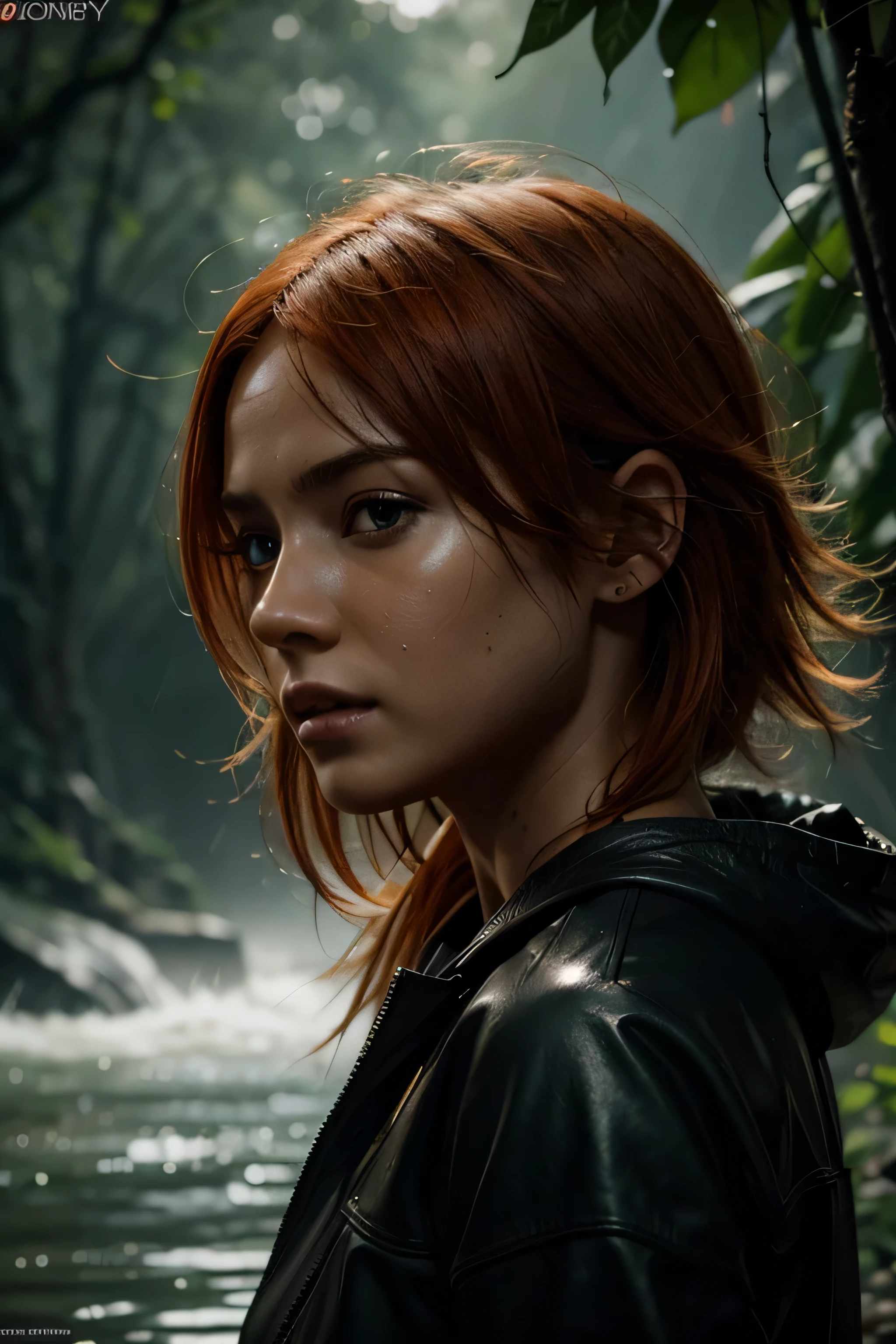 A jungle, with intense rainfall and a naked orange-haired woman walking on the river, monochromatic, vines all around, giant and wet trees, masterpiece, best quality, high quality, extremely detailed CG unity 8k wallpaper, oil paiting, award winning photography, Bokeh, a naked orange-haired woman walking on the river. Depth of Field, HDR, bloom, Chromatic Aberration ,Photorealistic,extremely detailed, trending on artstation, trending on CGsociety, Intricate, High Detail, dramatic, art by midjourney, volumetric lighting