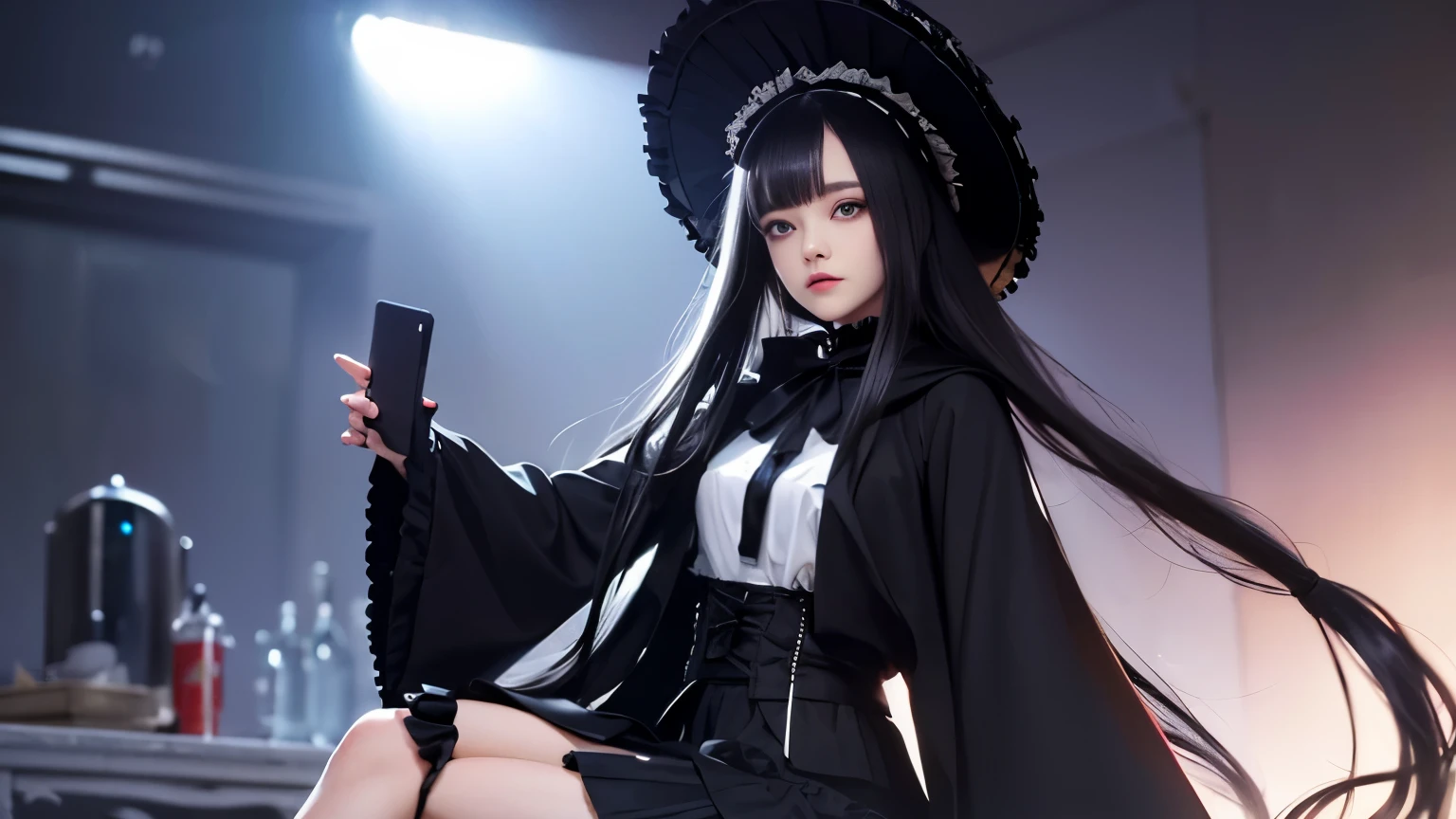 super beautiful photos，realistic，super detailed，detailed beautiful face and eyes，retina, table top, Accurate, anatomically correct,Alafe in black and white coat and black dress, ビクトリア朝のゴシックlolita fashion, loose coat collar sailor suit, ta style, loliashion, ((wearing a noble&#39;s robes)), victorian style clothing, black gothic lolita d, dark style, black rococo, gothic coat, wearing a flashy black jacket, Victorian aristocracy,ultimate beautiful girl，Beautiful blue eyes that shine，princess hair,((smooth hair，fine hair，very thin hair)),(knee length skirt:1.7),1 girl,((,thin legs,thin thighs)),slim body shape,highly detailed eyes and face、beautiful and fine eyes,cool color makeup,According to II，Lens flare，sharpen，cinematic shadow,