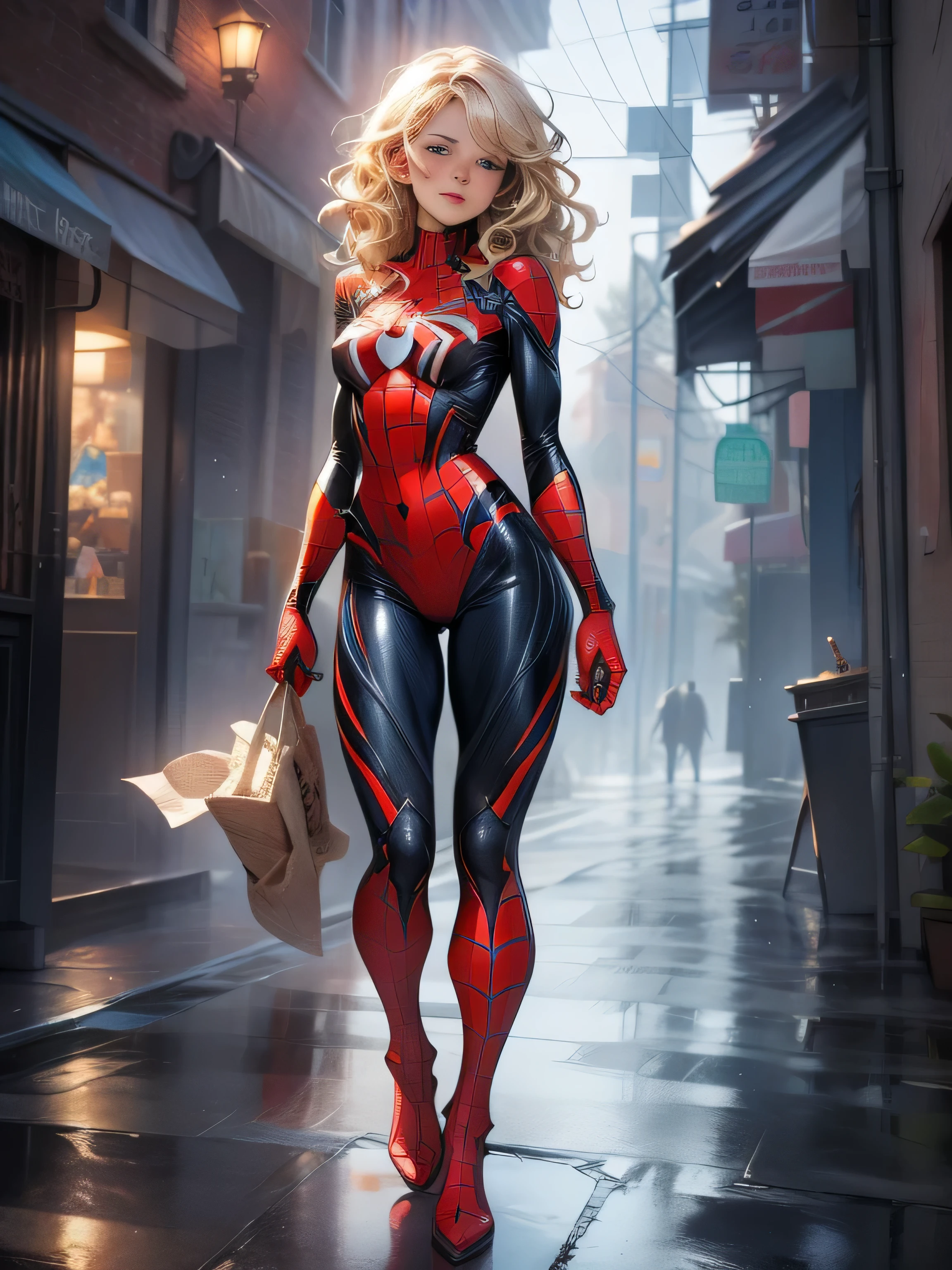 18yo Girl，White Spider-Man suit，short and wavy hair，blondehair，beautifulface，lluvia，teto，The Masterpiece，exquisite detailing，Perfect anatomy，best qulity，ultra-highresolution，4k, Full body Shot
