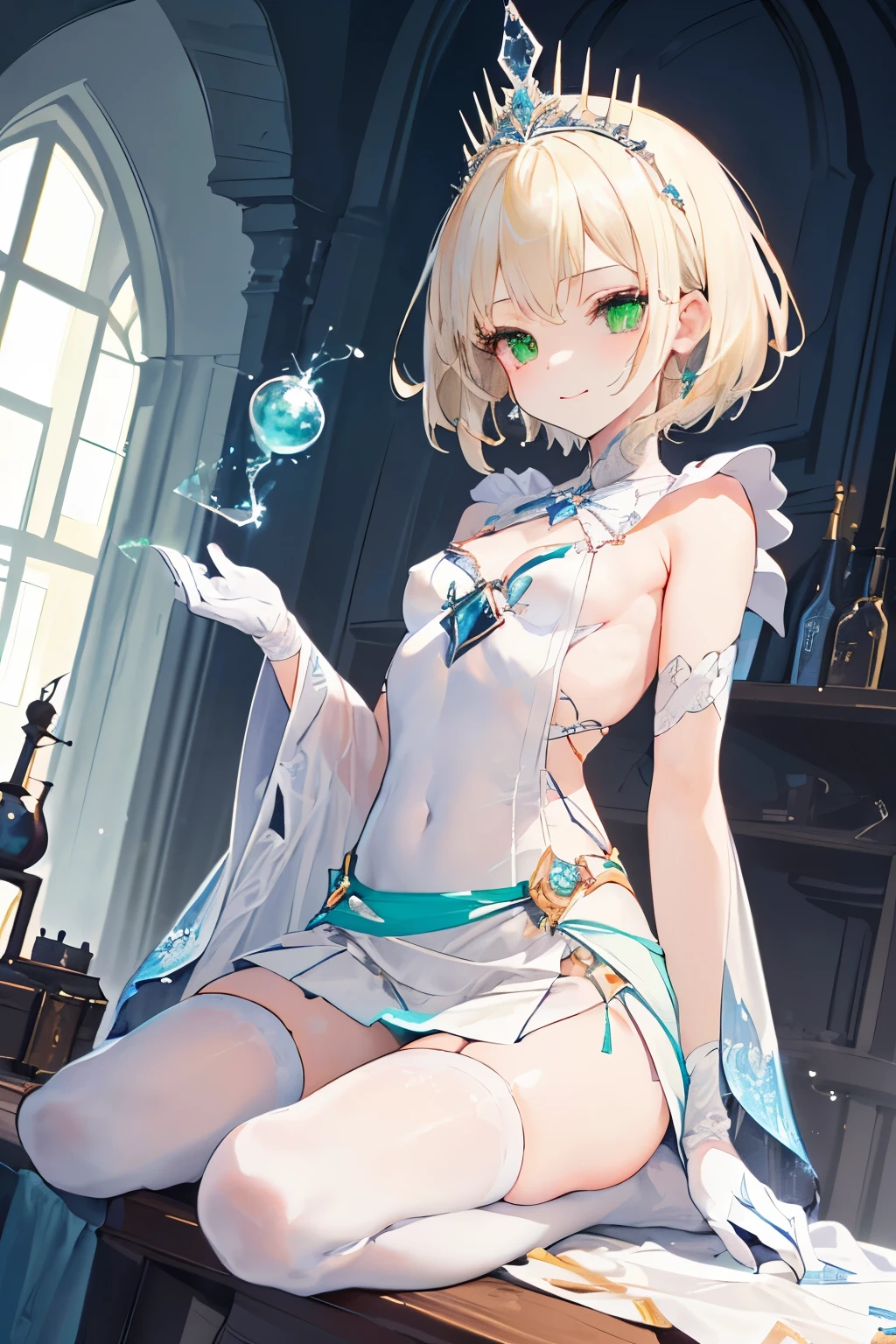 (((1girl))), ((best quality)), ((masterpiece)), ((ultra-detailed)), (illustration), (detailed light), (an extremely delicate and beautiful), (beautiful detailed eyes), (sunlight), ((extremely light)), ((extremely clothes)), (((hyper detail))),(((((front lighting))))),(((((front light))))),
((((quite adorable magical dress with brief skirt and robe and magical Tiara)))),
, ((((Master alchemist)))),
(((short curly manish bob))), ((((platinum blonde)))), (((short hair))),
(((clear green eyes))),
((((whole body)))), aged 5 to 8, ((((())))), (((((quite adorable young girl))))),
(((condescending expression))), (mischievous smile with sexual satisfaction), (((extra adorable))), (((extra slender shape))),
(((extremely beautiful detailed face))),
((elegant magic gloves)),
((elegant magic boots)),
(((bravely and dynamically curing companions with a Magic of Create Potions))), ((Dutch angle)), (magical pale green panties),
(((()))),
(((extremely thin thighagical stockings)))