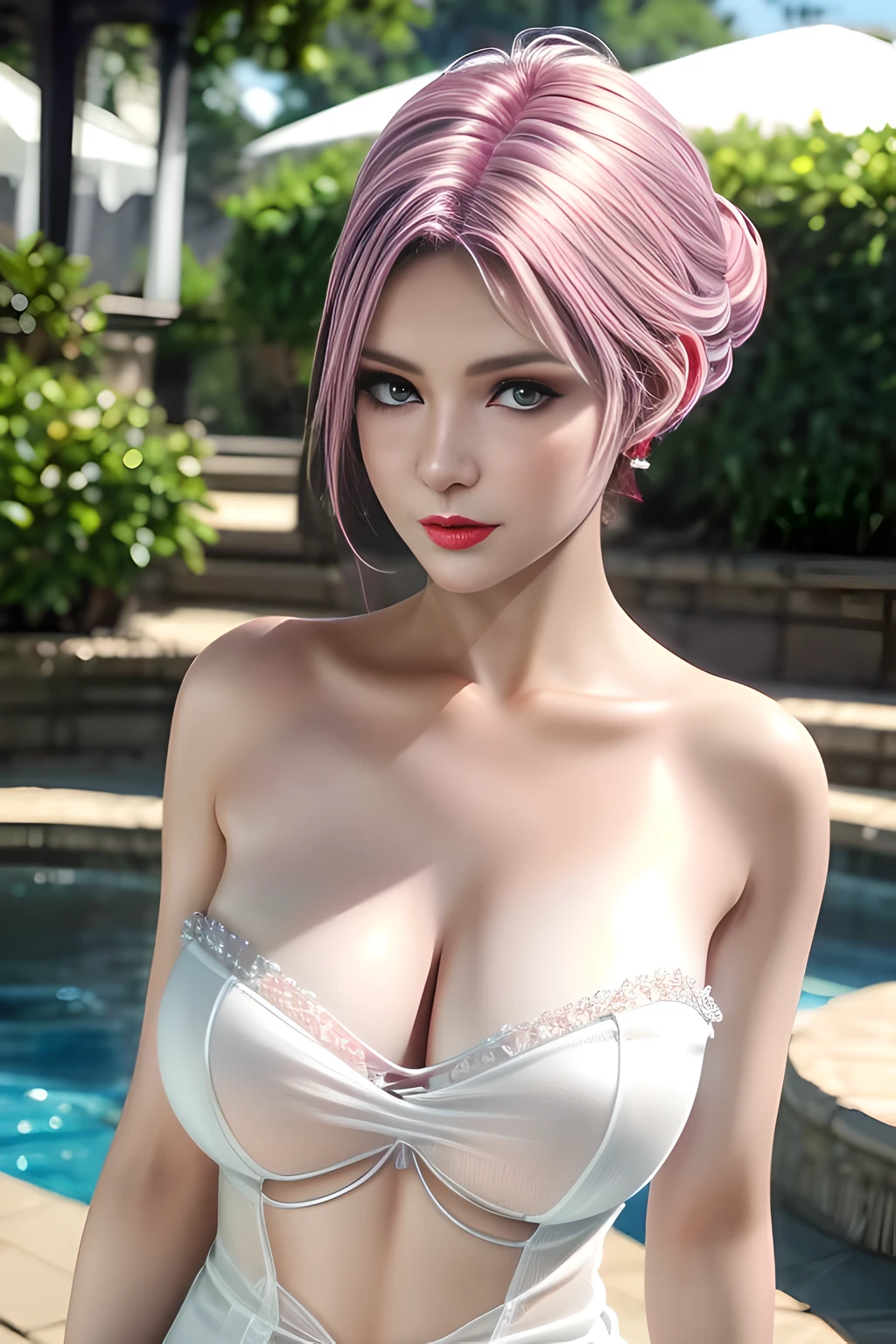 1 girl,Alice,(pajamas),(White strapless dress:1.4),Outdoor activities,  (standing posture),grace,(((red lips))), Lips slightly open,  clavicle,Lactation,(huge breasts:1.3),skin shiny,((8k, original photo, top quality, masterpiece), HD RAW color photos professional close-up photos, (actual, photorealism: 1.37), (best quality),8k,Fabric luster,alone,