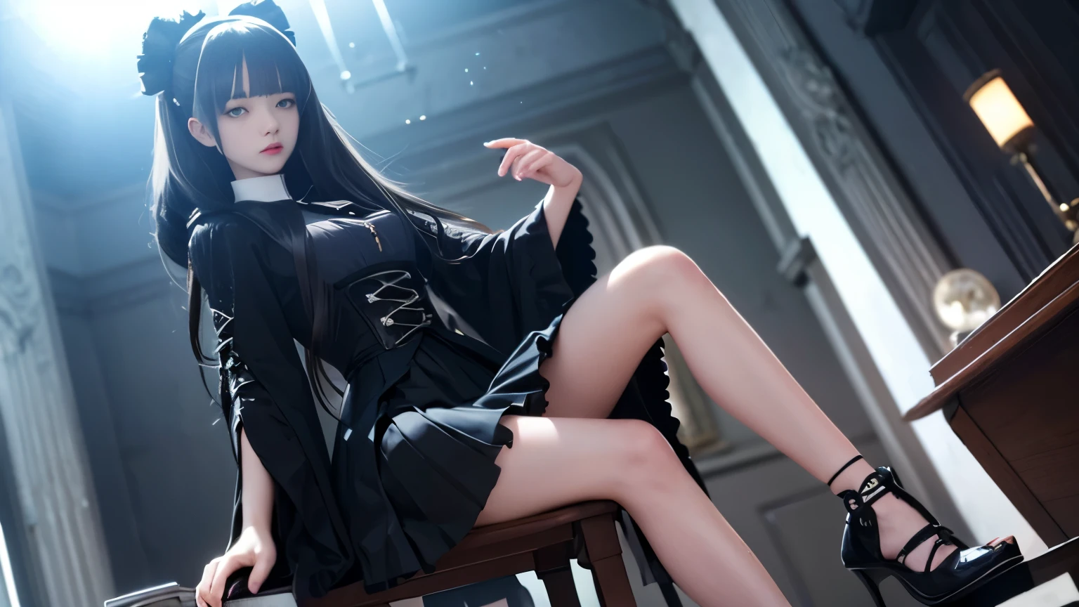 super beautiful photos,realistic,super detailed,detailed beautiful face and eyes,retina, table top, Accurate, anatomically correct,Alafe in black and white coat and black dress, ビクトリア朝のゴシックlolita fashion, loose coat collar sailor suit, ta style, loliashion, ((wearing a noble's robes)), victorian style clothing, black gothic lolita d, dark style, black rococo, gothic coat, wearing a flashy black jacket, Victorian aristocracy,ultimate beautiful girl,Beautiful blue eyes that shine,princess hair,((smooth hair,fine hair,very thin hair)),(knee length skirt:1.7),1 girl,((,thin legs,thin thighs)),slim body shape,highly detailed eyes and face、beautiful and fine eyes,cool color makeup,According to II,Lens flare,sharpen,cinematic shadow,